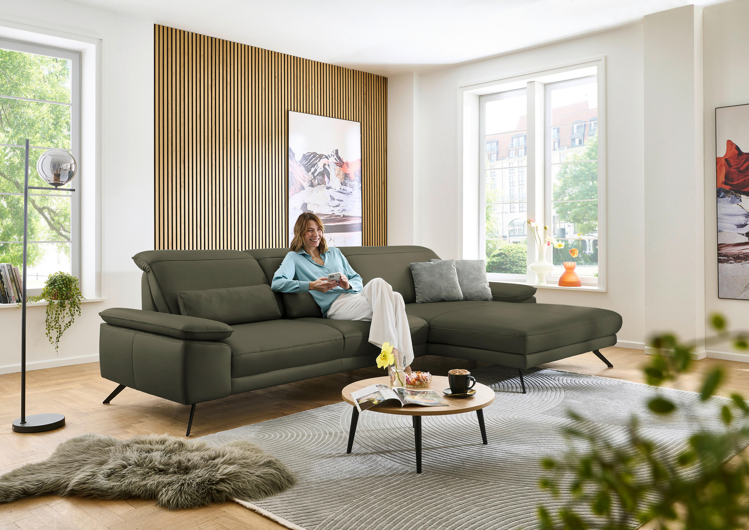 ECKSOFA in Echtleder Grau, Grün  - Schwarz/Grau, Design, Leder/Metall (332/193cm) - Dieter Knoll