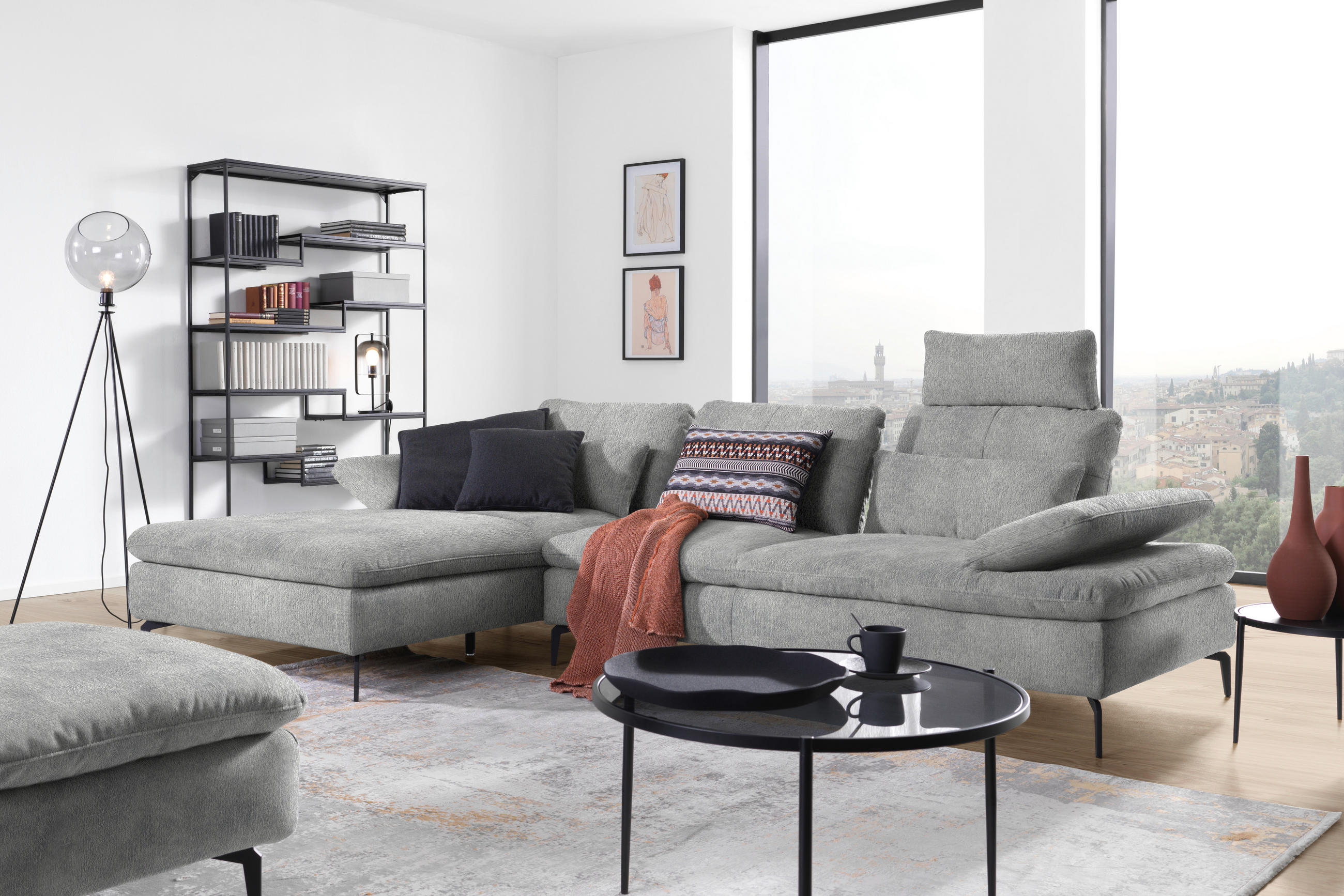 ECKSOFA in Velours Hellgrau  - Hellgrau/Schwarz, Design, Textil/Metall (179/301cm) - Chilliano