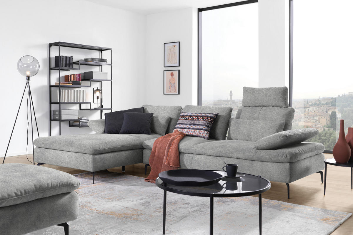 ECKSOFA in Velours Hellgrau  - Hellgrau/Schwarz, Design, Textil/Metall (179/301cm) - Chilliano