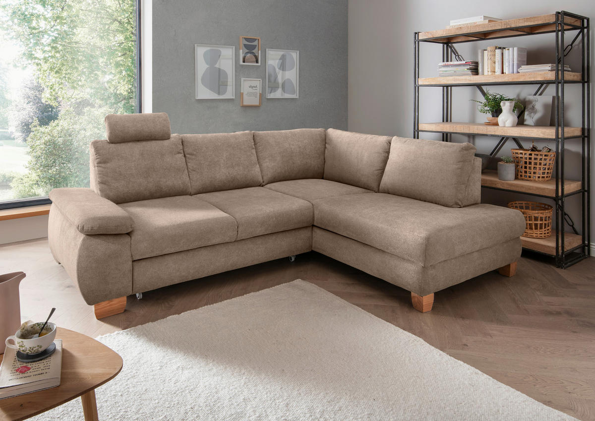 ECKSCHLAFSOFA in Chenille Hellbraun  - Wildeiche/Hellbraun, Modern, Holz/Textil (261/206cm) - Livetastic