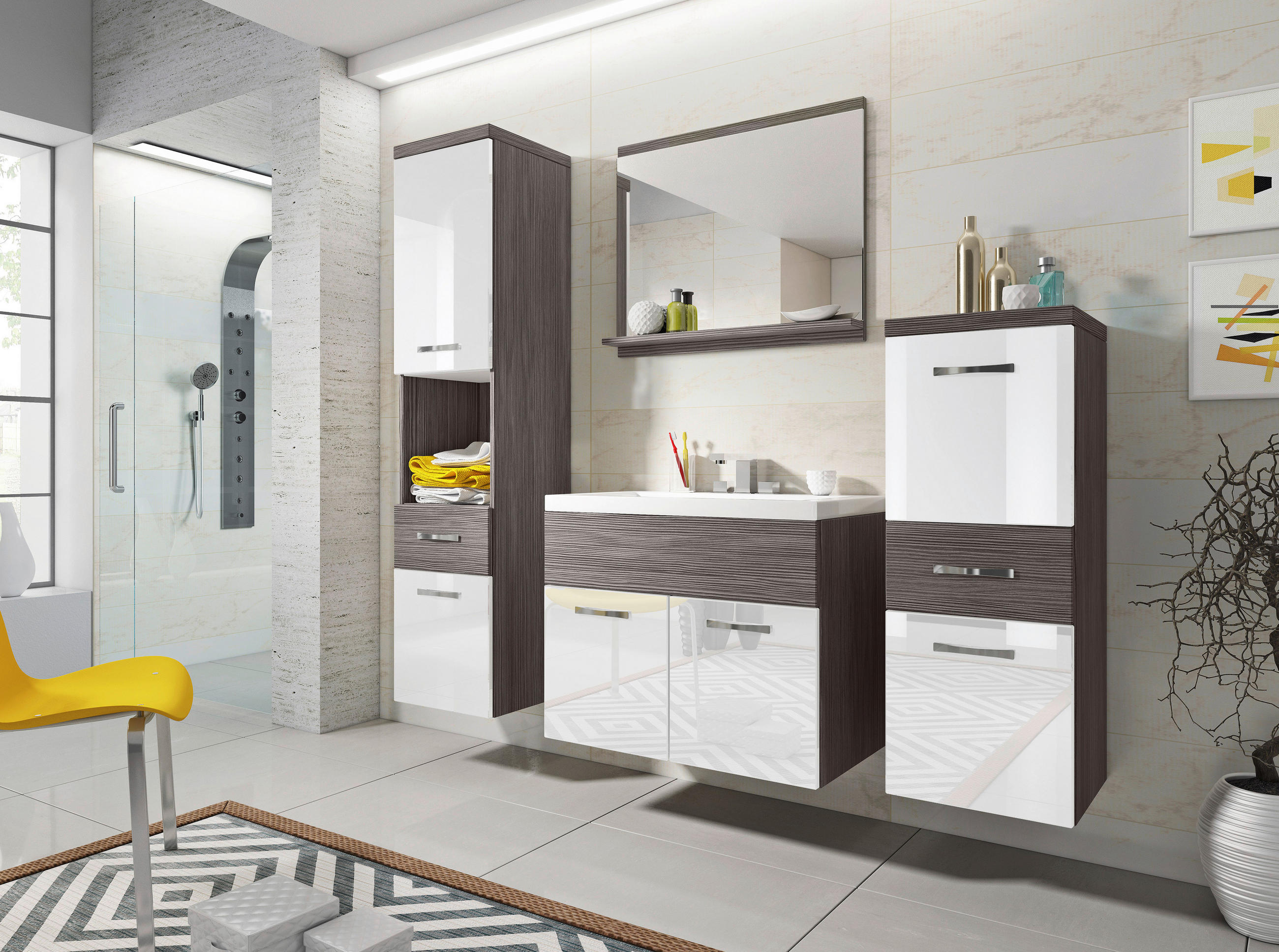 BADEZIMMER 5-teilig  in 120 cm  - Weiss Hochglanz/Weiss, Lifestyle, Holzwerkstoff/Metall (120cm) - P & B