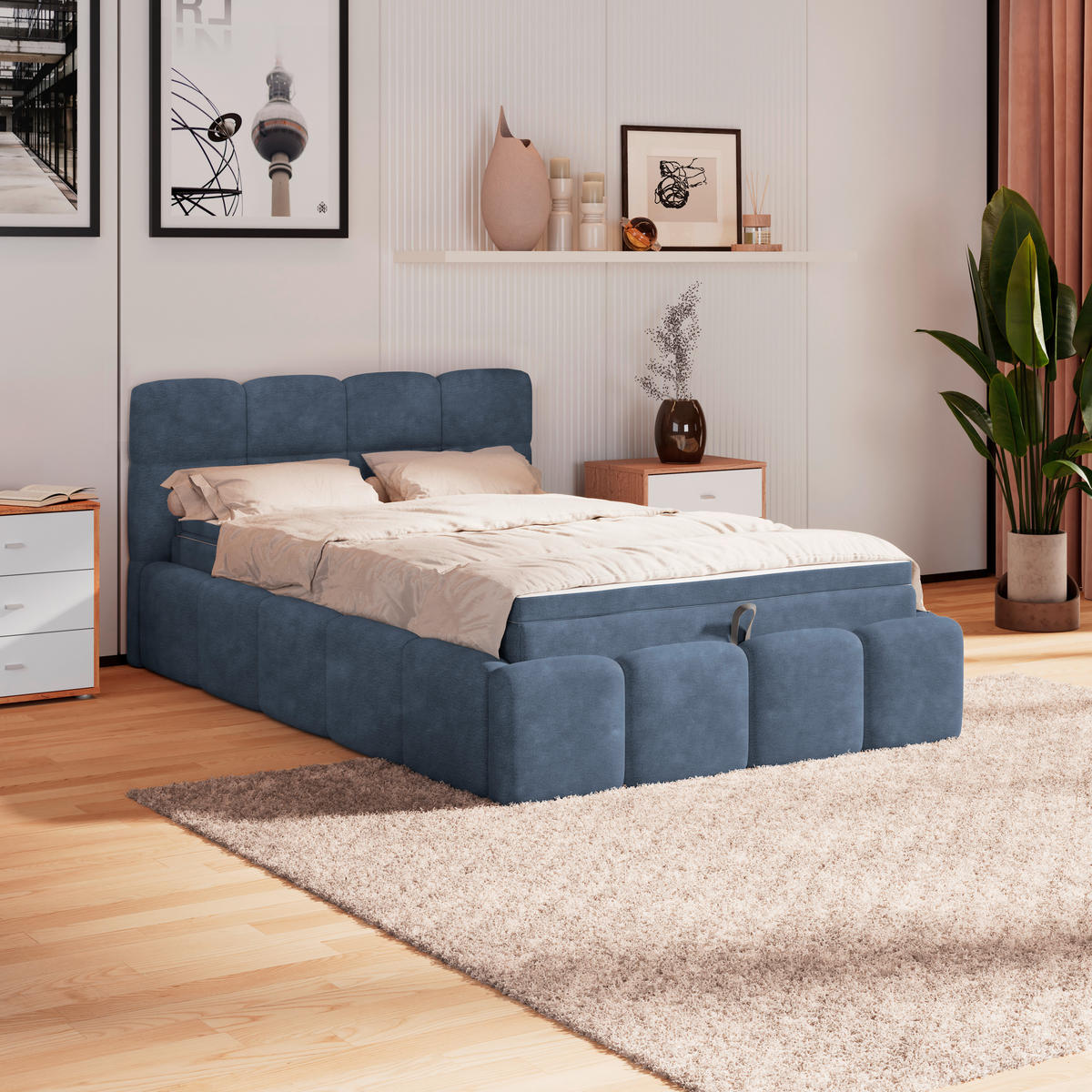 POLSTERBETT 140/200 cm,  in Blau, Matratze, Bettkasten, H3 = fest  - Blau/Schwarz, Trend, Kunststoff/Textil (140/200cm)