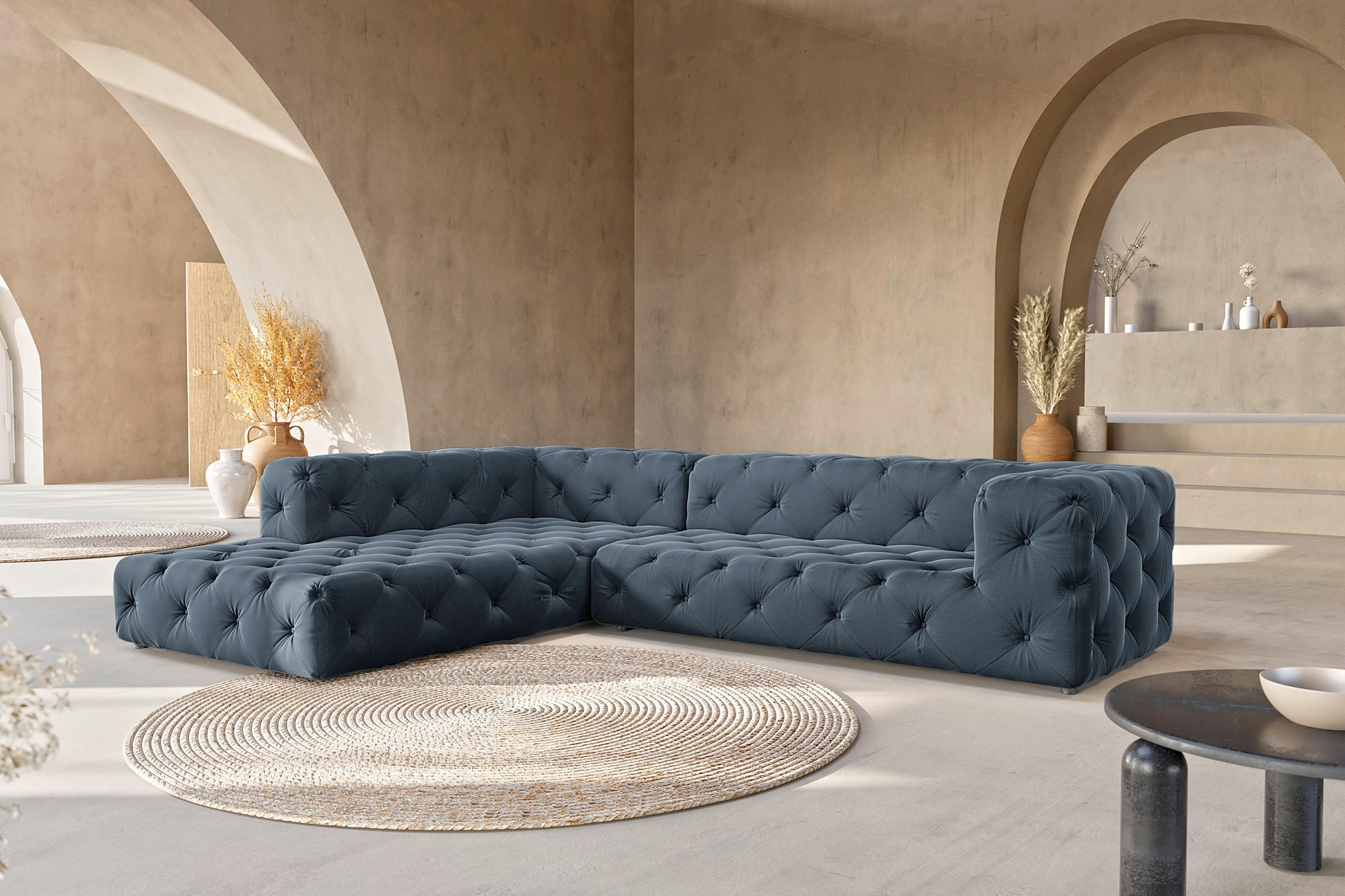 ECKSOFA Samt Dunkelblau  - Schwarz/Dunkelblau, Design, Kunststoff/Textil (228/325cm) - P & B