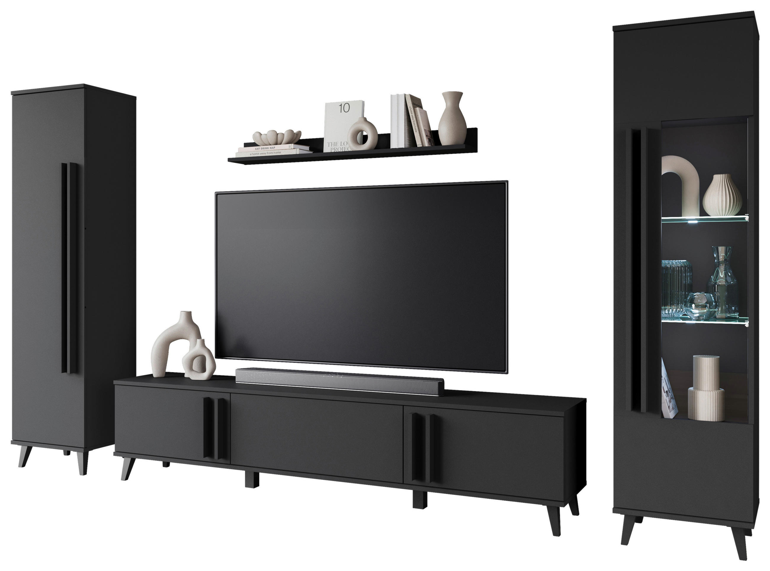 HYLLKOMBINATION 4 delar  i svart  260/159,5/33 cm  - svart, Trend, trämaterial/glas (260/159,5/33cm) - P & B