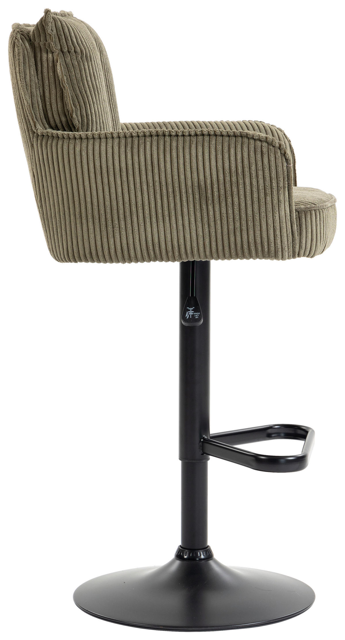 BARHOCKER Cord Olivgrün Eisen Stoffauswahl, Sitzfläche 360° drehbar, inklusive Armlehnen  - Schwarz/Olivgrün, Design, Textil/Metall (54/101-122/58cm) - Novel