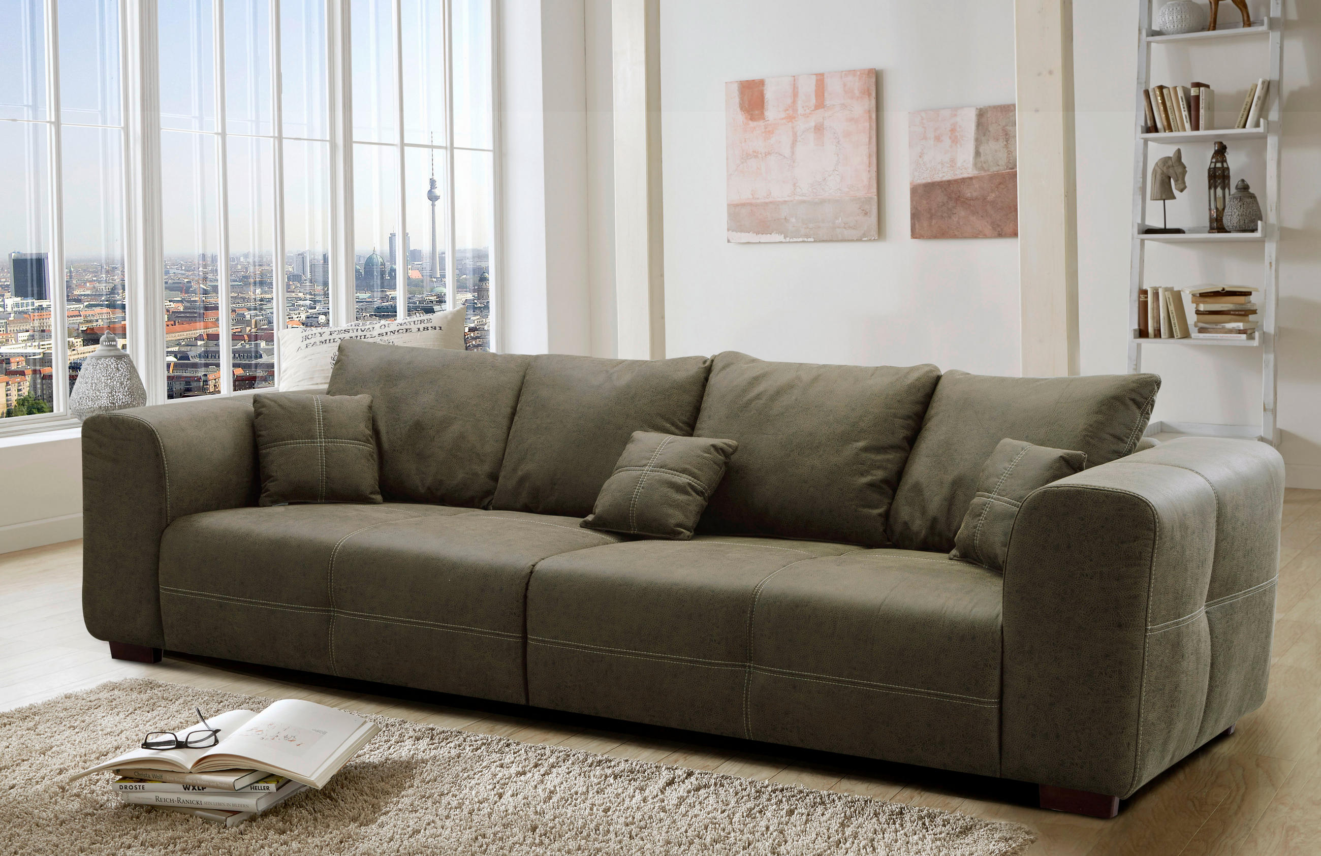 BIGSOFA Flachgewebe Olivgrün  - Beige/Olivgrün, KONVENTIONELL, Holz/Textil (287/69/108cm) - Cantus