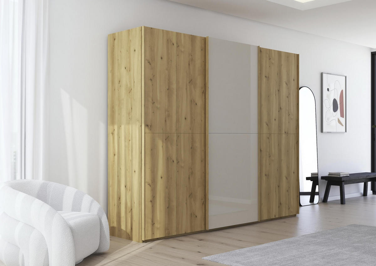 SCHWEBETÜRENSCHRANK 270/223/68 cm 3-türig Eichefarben, Champagner  - Champagner/Eichefarben, Design, Glas/Holz (270/223/68cm) - Novel