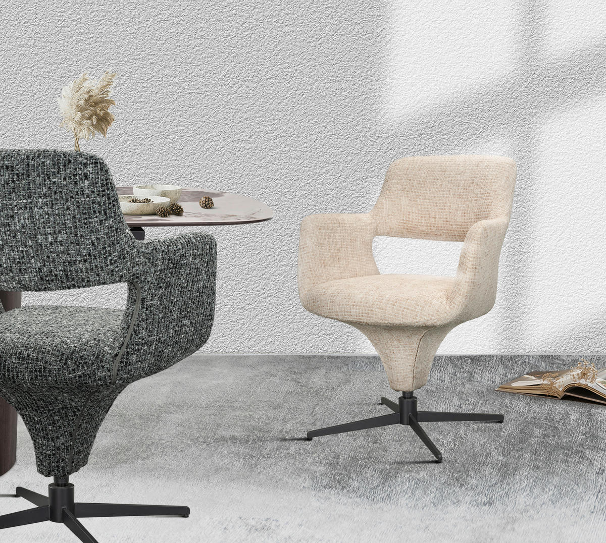 ARMLEHNSTUHL  Stoffauswahl, Sitzfläche 360° drehbar, automatische Rückholfunktion Mikrofaser  - Beige/Schwarz, Design, Textil/Metall (61/84/63cm) - Novel
