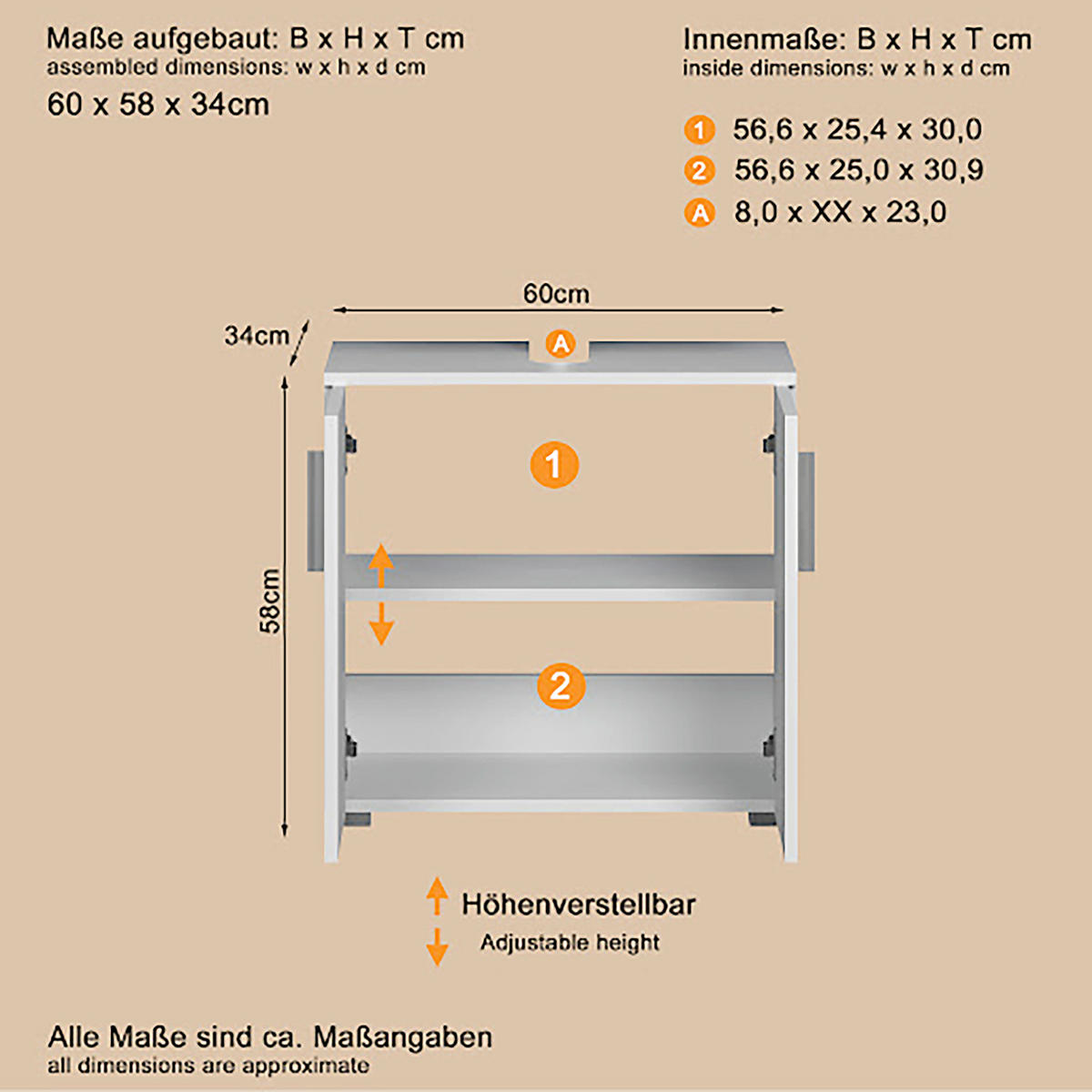 WASCHBECKENUNTERSCHRANK 60/58/34 cm  - Weiß Hochglanz/Silberfarben, Trend, Holzwerkstoff/Kunststoff (60/58/34cm) - MID.YOU