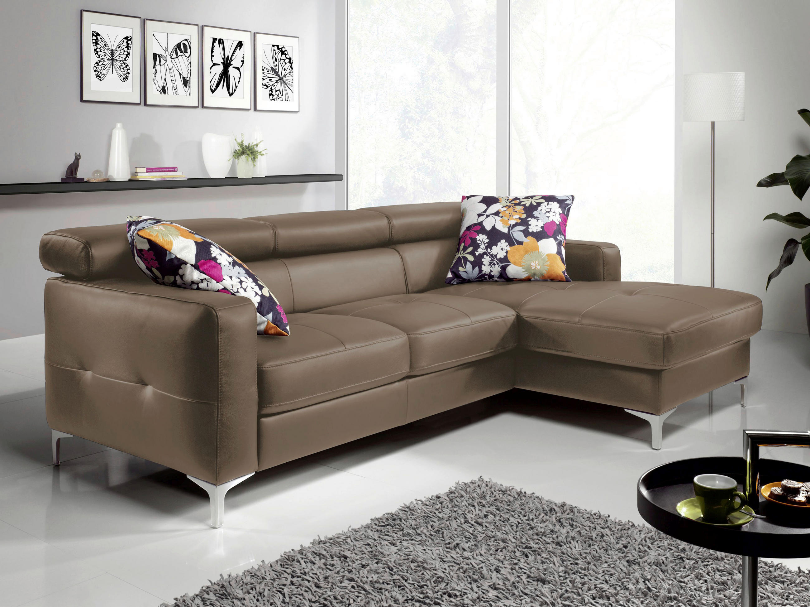 ECKSOFA in Echtleder Graubraun  227/168 cm  - Chromfarben/Graubraun, Design, Leder/Metall (227/168cm) - Livetastic