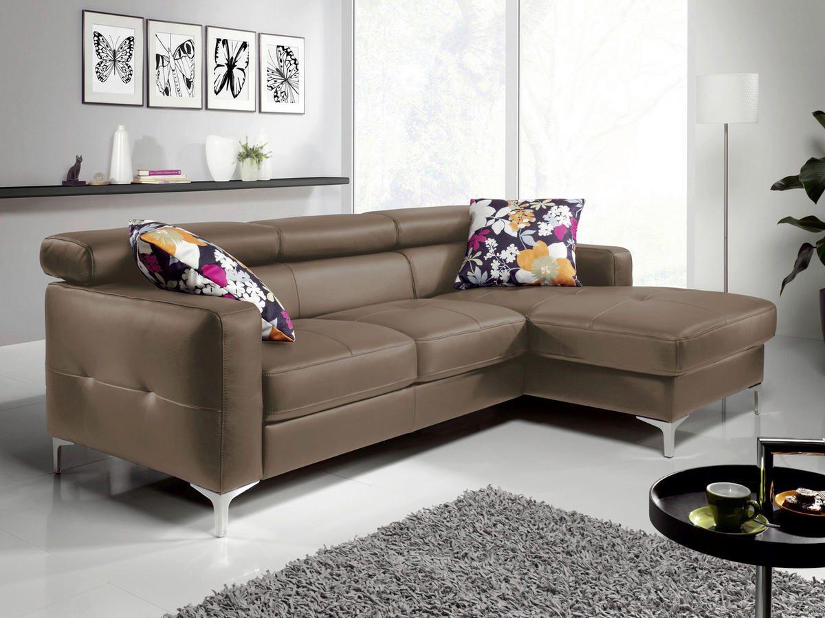 ECKSOFA Graubraun Echtleder  - Chromfarben/Graubraun, Design, Leder/Metall (226/169cm) - Livetastic