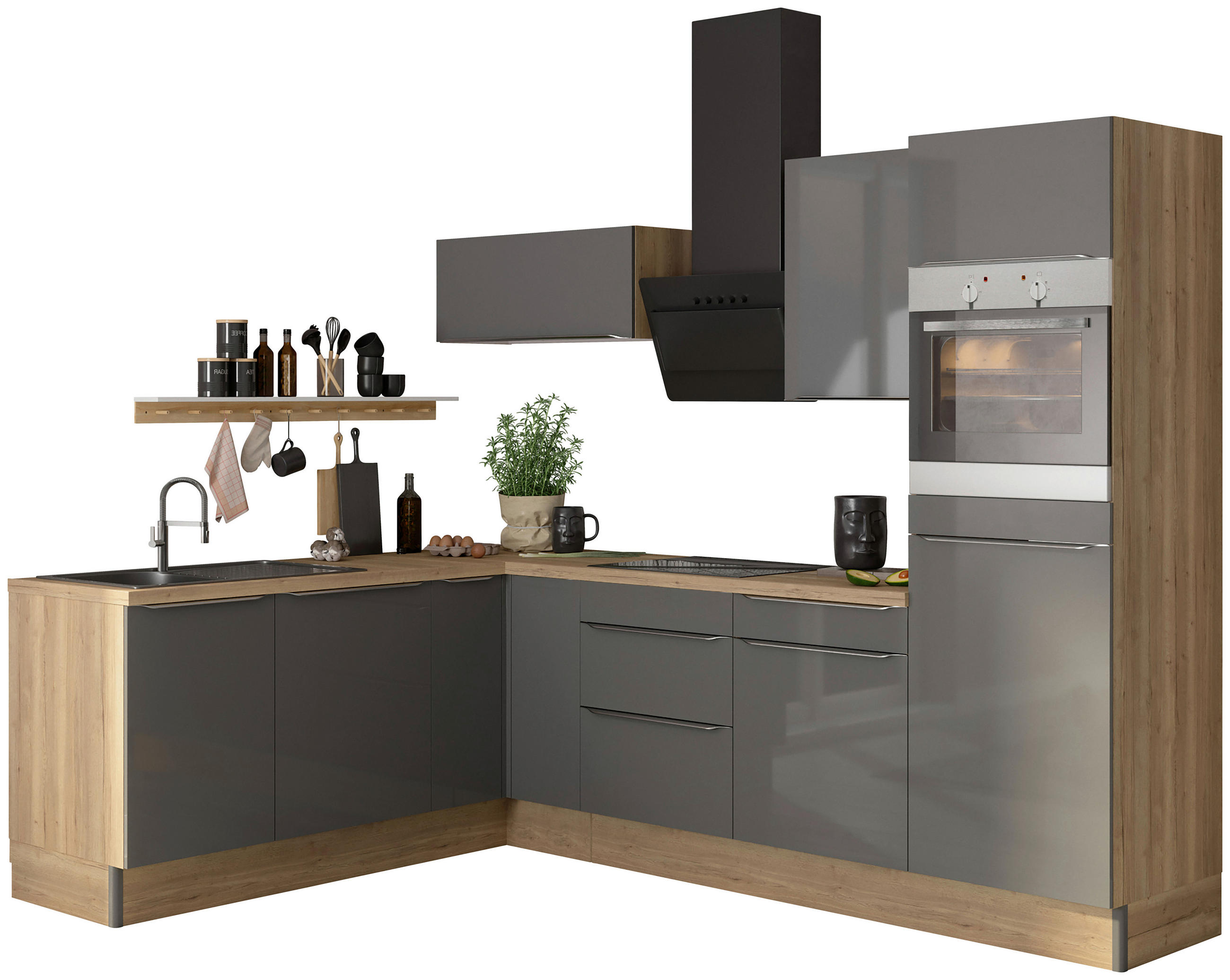 ECKKÜCHE 200/270 cm in Anthrazit, Eichefarben - Edelstahlfarben/Eichefarben, Basics, Holzwerkstoff/Metall (200/270cm) - Optifit
