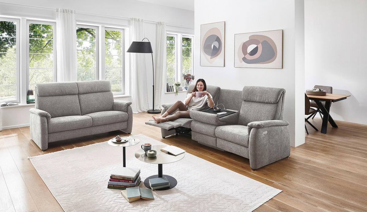 TRAPEZSOFA in Flachgewebe Greige  - Greige/Schwarz, Konventionell, Textil/Metall (219/107/97cm) - Pure Home Comfort