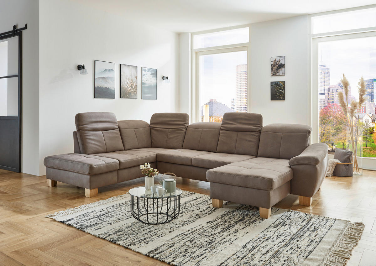 WOHNLANDSCHAFT in Mikrofaser Graubraun  - Wildeiche/Graubraun, KONVENTIONELL, Holz/Textil (243/343/185cm) - Voleo