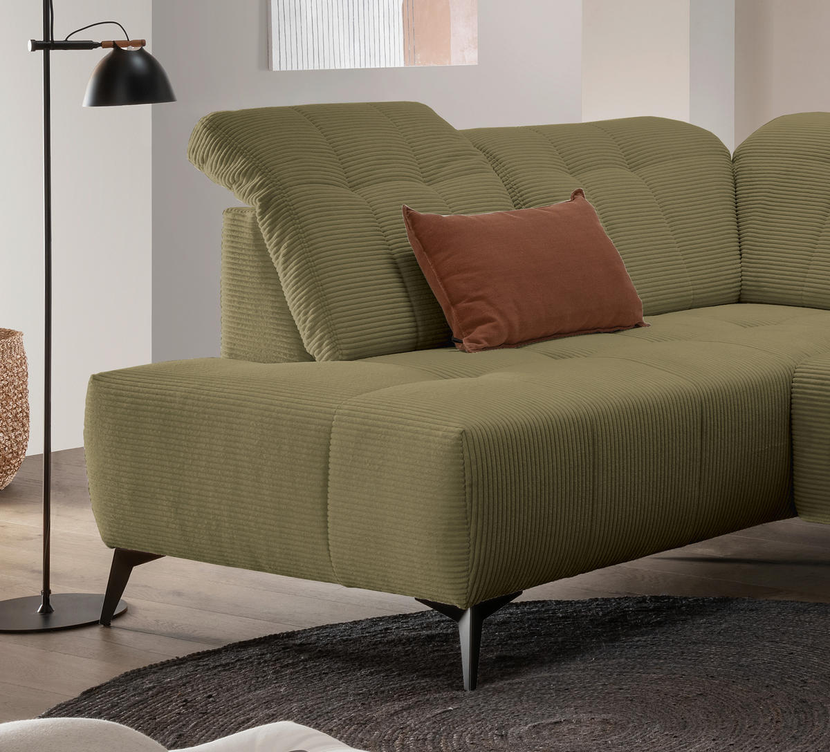 WOHNLANDSCHAFT SANO Olivgrün Cord  - Schwarz/Olivgrün, MODERN, Textil/Metall (200/337/180cm) - Livetastic