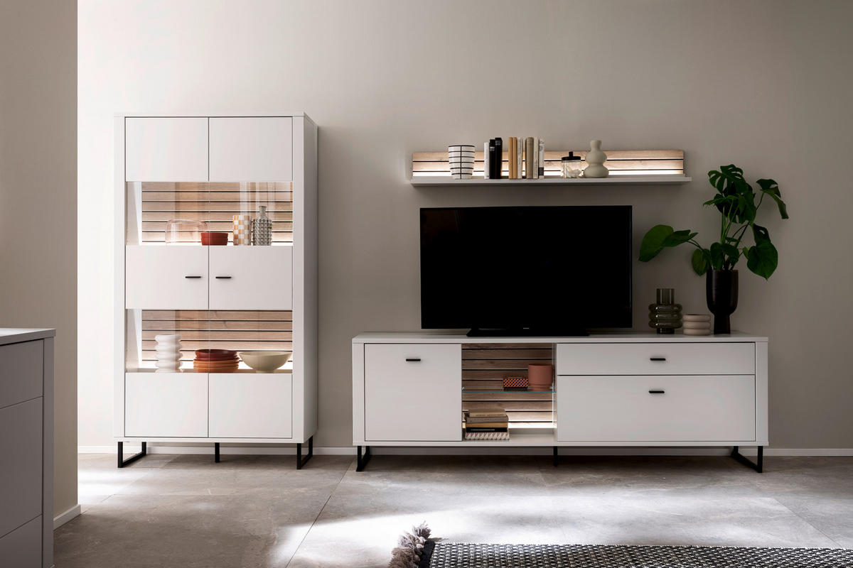 WOHNWAND  in Weiss, Eichefarben 326/185/44 cm  - Weiss/Eichefarben, Design, Glas/Holzwerkstoff (326/185/44cm) - Stylife