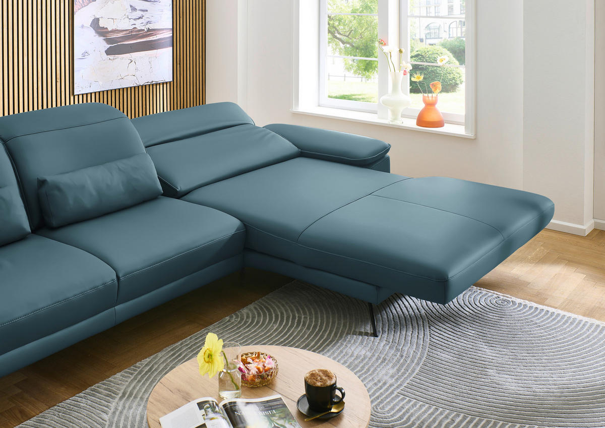 ECKSOFA in Echtleder Blau  - Blau/Schwarz, Design, Leder/Metall (332/193cm) - Dieter Knoll