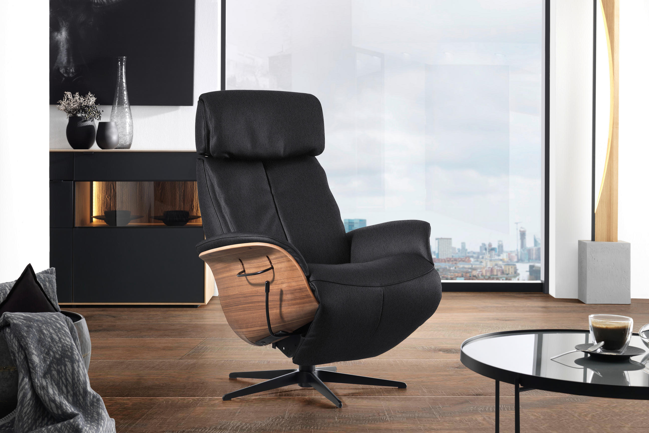 RELAXSESSEL Echtleder Relaxfunktion, Kopfteilverstellung    - Anthrazit/Nussbaumfarben, Design, Leder/Holz (78/104-113/84cm) - Welnova