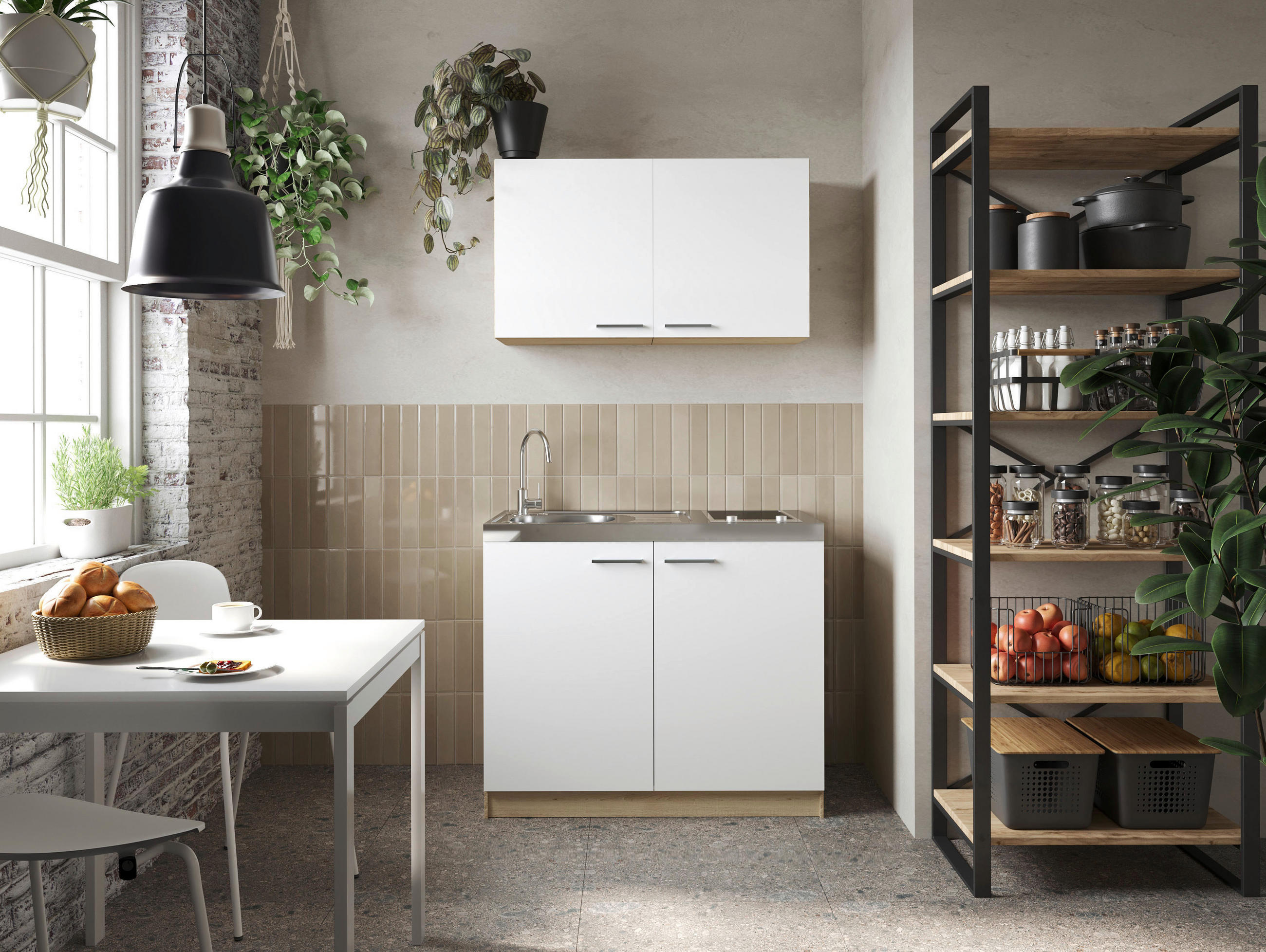 MINIKÜCHE 100 cm   in Weiß, Eichefarben  - Eichefarben/Silberfarben, Basics, Holzwerkstoff/Metall (100cm) - Respekta