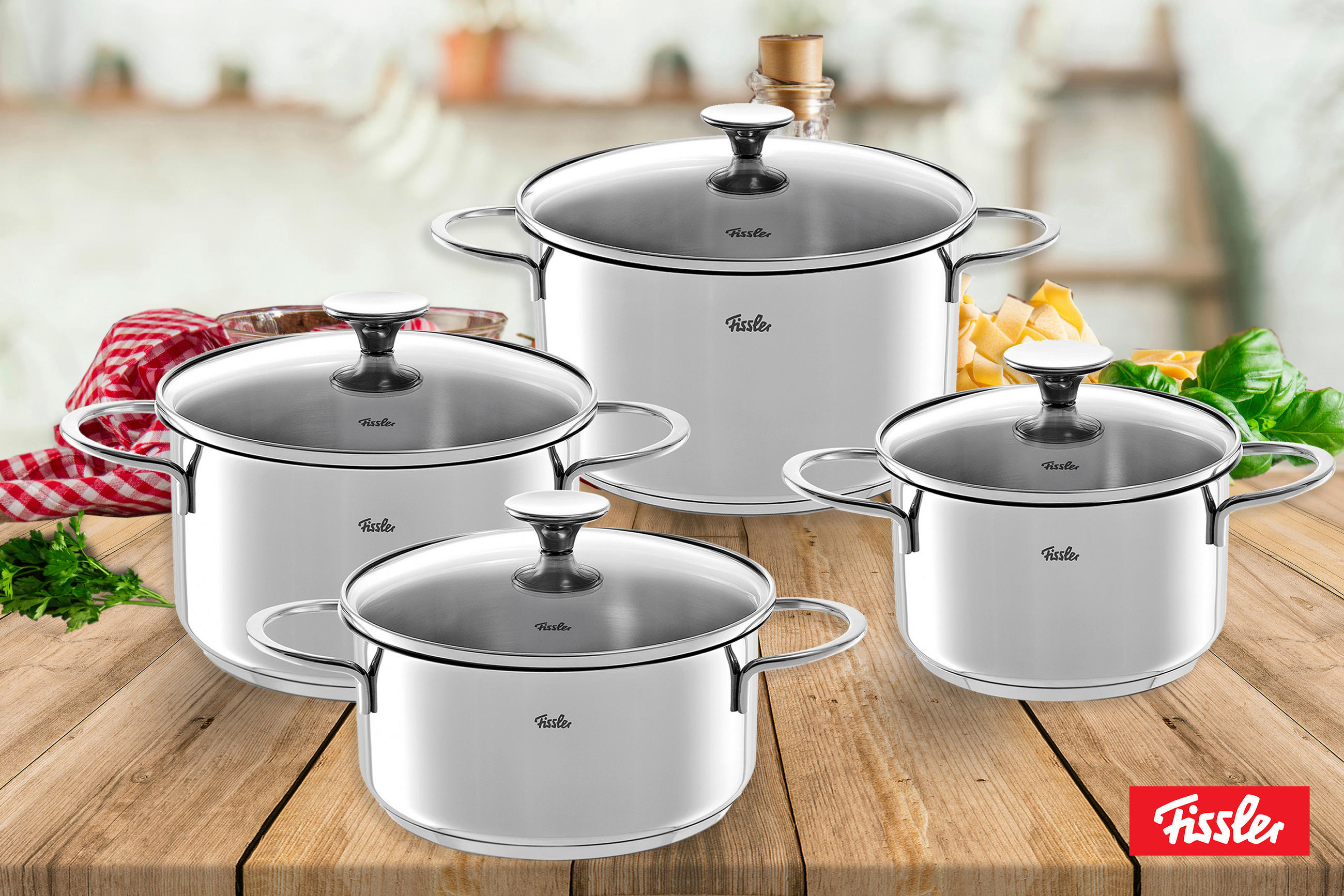 SADA HRNCŮ, 4dílné - barvy stříbra, Basics, kov/sklo - Fissler
