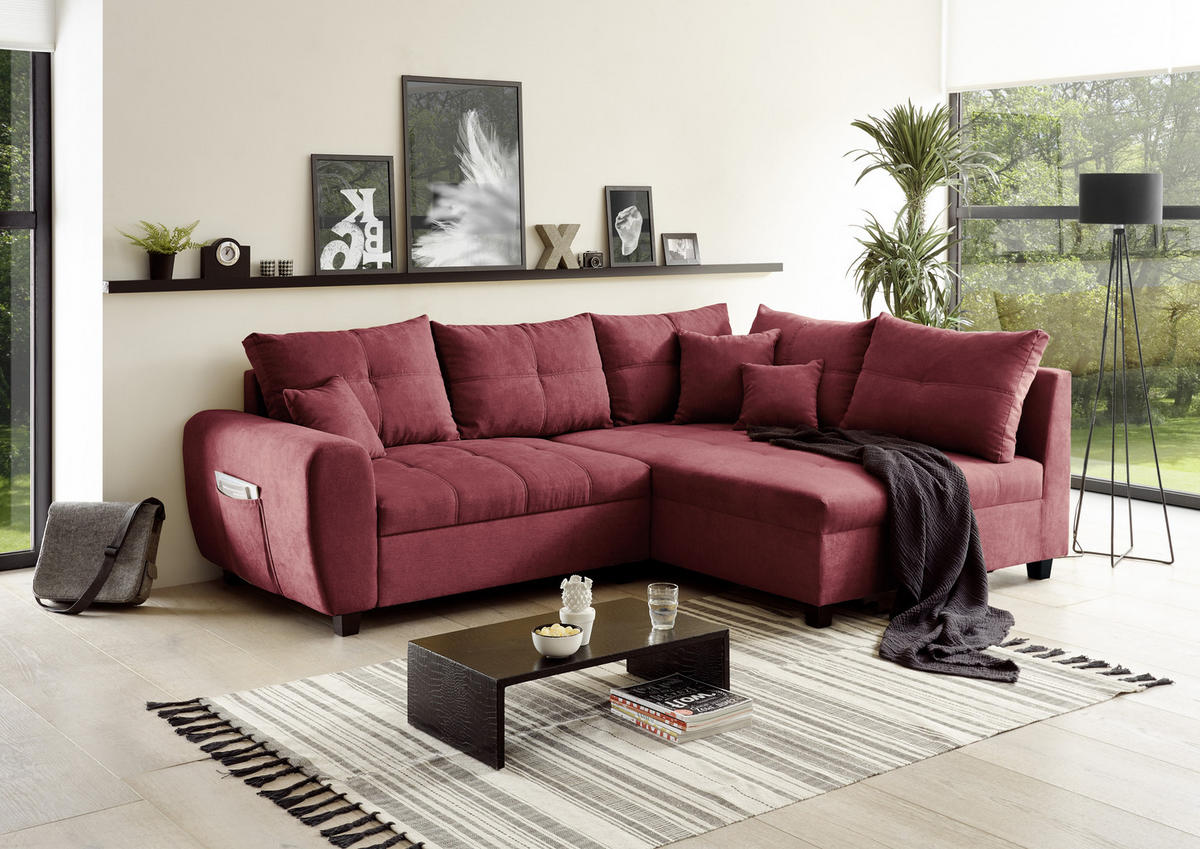 ECKSOFA in Mikrovelours Beere  - Beere/Schwarz, Basics, Holzwerkstoff/Kunststoff (248/176cm) - MID.YOU