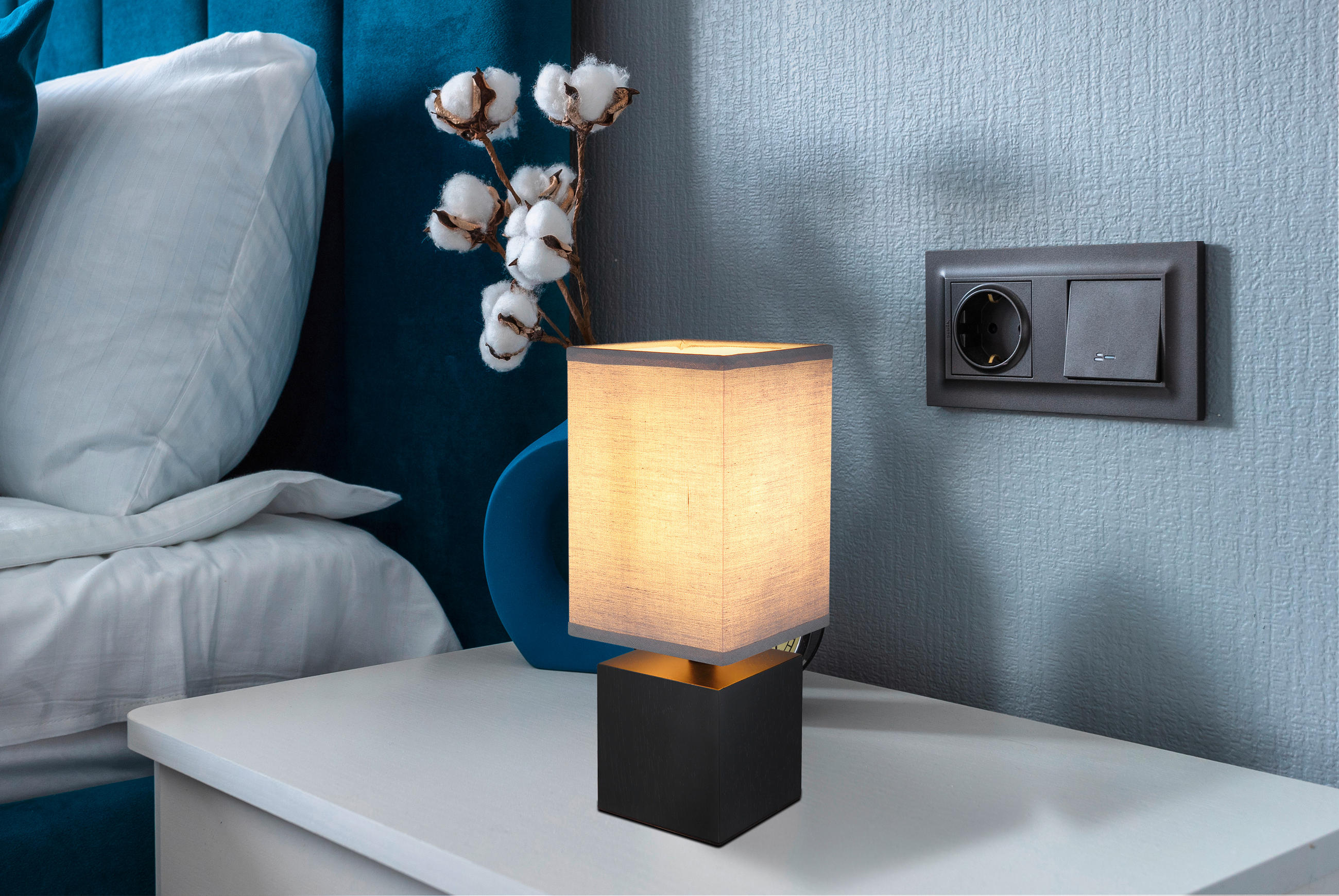 STOLNÍ LAMPA, E27, 12/12/30 cm - černá/antracitová, Konvenční, dřevo/textil (12/12/30cm) - Globo