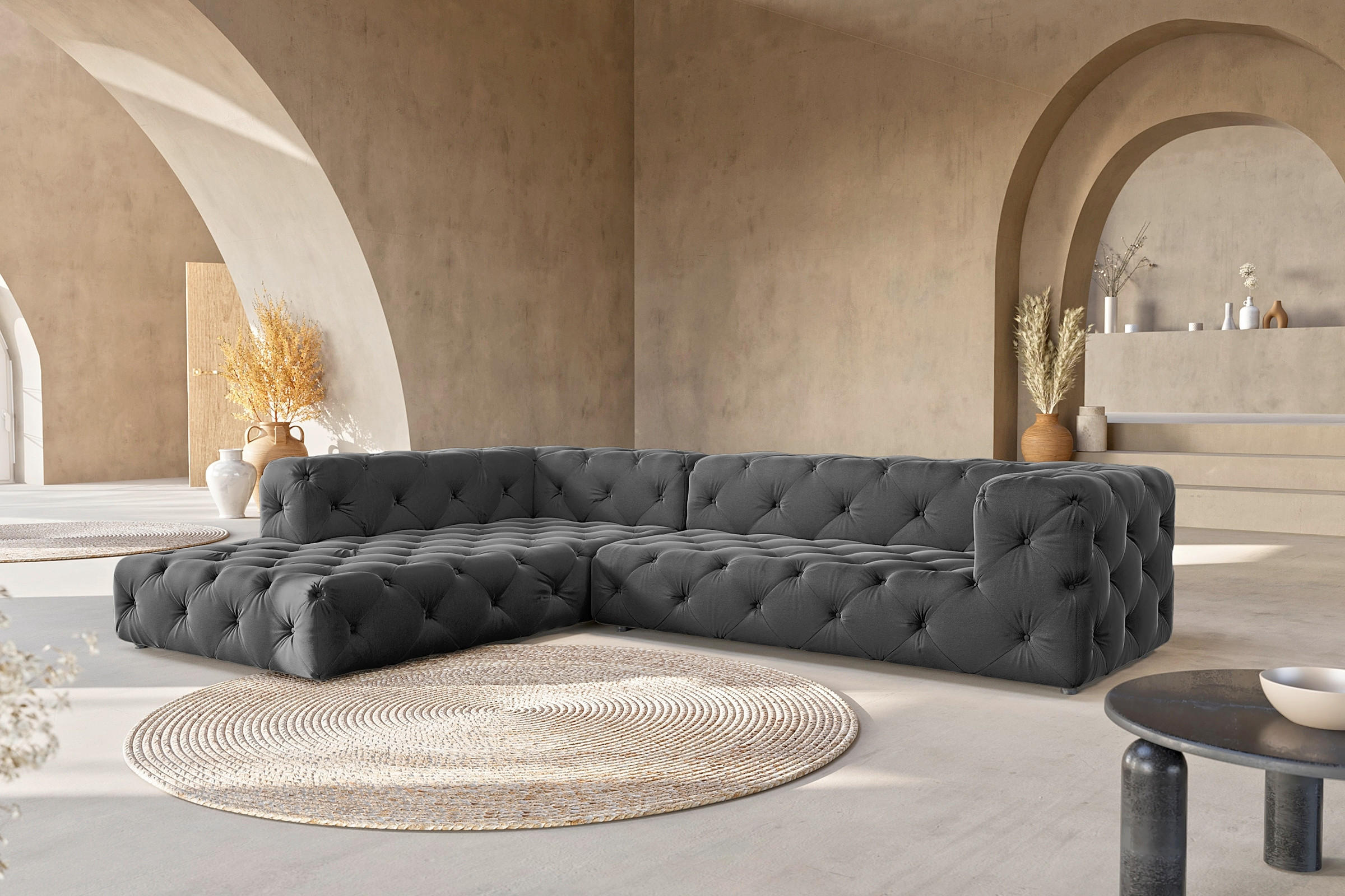 ECKSOFA Fresco in Samt Schwarz  228/325 cm  - Schwarz, Design, Kunststoff/Textil (228/325cm) - P & B