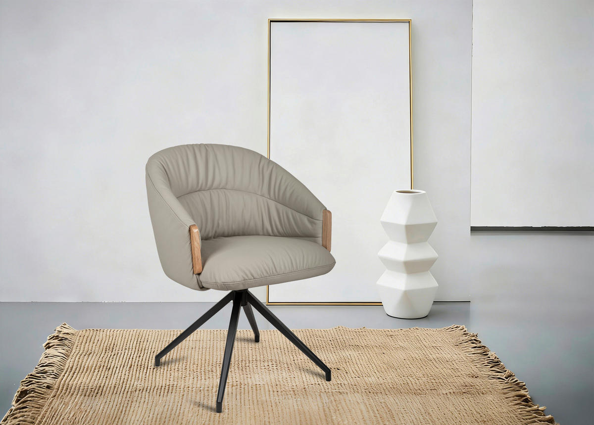 ARMLEHNSTUHL  Sitzfläche 360° drehbar, automatische Rückholfunktion  Echtleder  - Beige/Schwarz, Design, Leder/Holz (61/84/62cm) - Valnatura