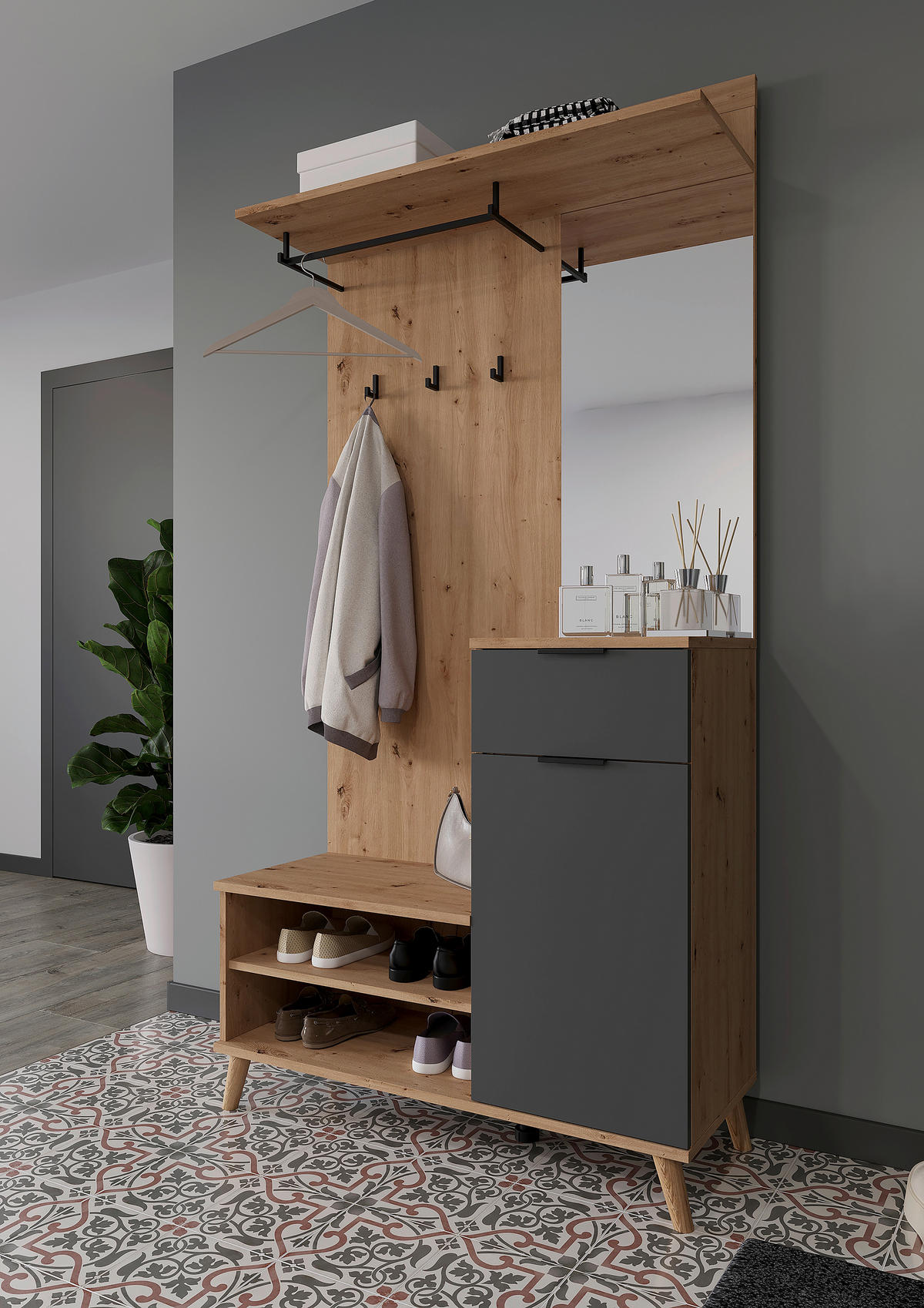 GARDEROBE  in 100/202/40 cm  - Graphitfarben/Eiche Artisan, Design, Glas/Holzwerkstoff (100/202/40cm) - home24