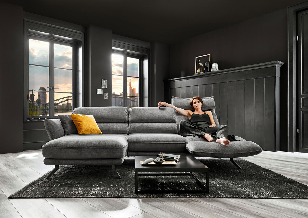 ECKSOFA in Velours Silberfarben  - Silberfarben/Schwarz, Design, Textil/Metall (153/283cm) - Valdera
