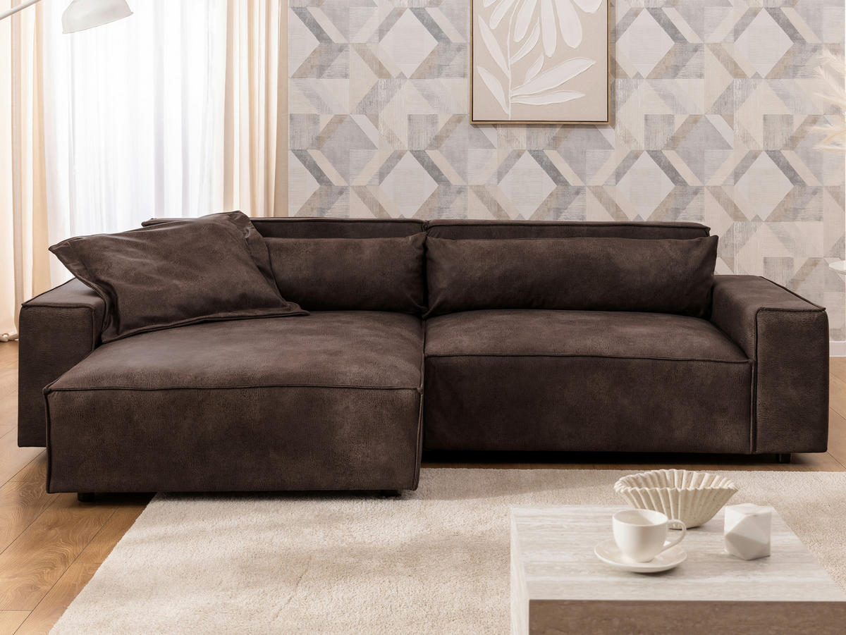 ECKSOFA Curduroy in Lederlook Dunkelbraun Rückenkissen  251/142 cm  - Dunkelbraun/Schwarz, Design, Kunststoff/Textil (251/142cm) - P & B