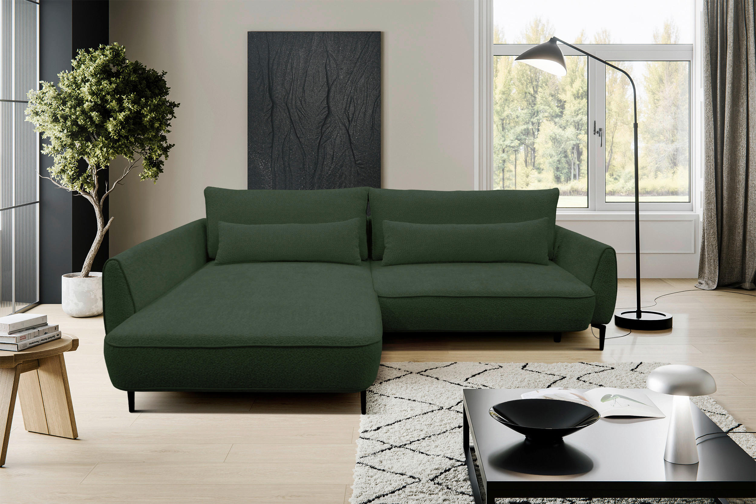 ECKSOFA ABRIAMO Dunkelgrün Bouclé Bettkasten, Schlaffunktion  - Dunkelgrün/Creme, Design, Textil/Metall (204/273cm) - MID.YOU