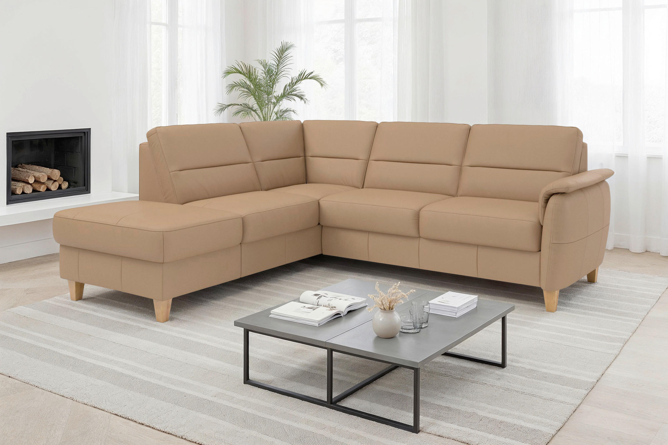 ECKSOFA PALMERA E Cappuccino Echtleder  - Eichefarben/Cappuccino, Basics, Leder/Holz (212/236cm) - Sit & More
