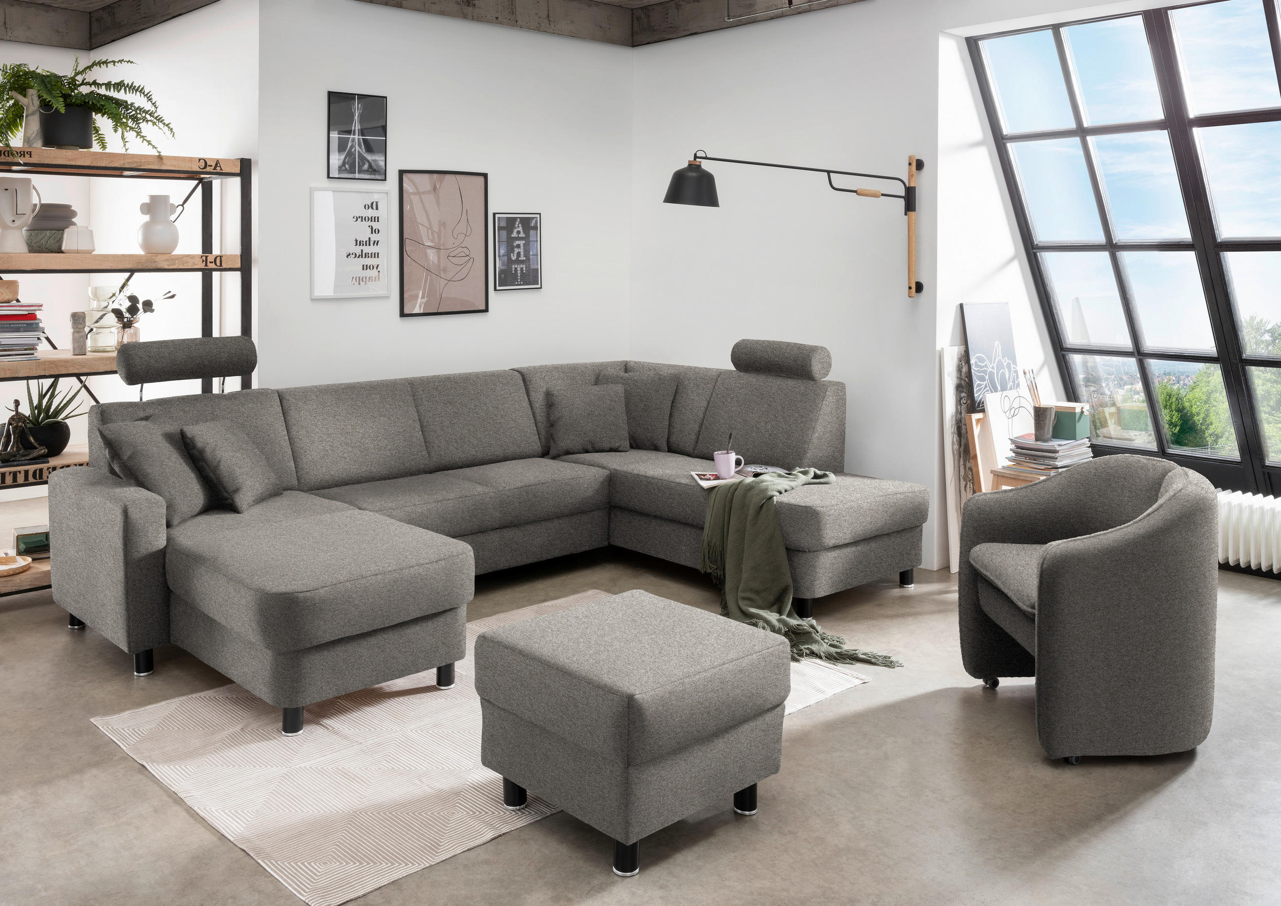 WOHNLANDSCHAFT in Webstoff Grau  - Schwarz/Grau, Design, Holz/Textil (165/296/198cm) - Xora