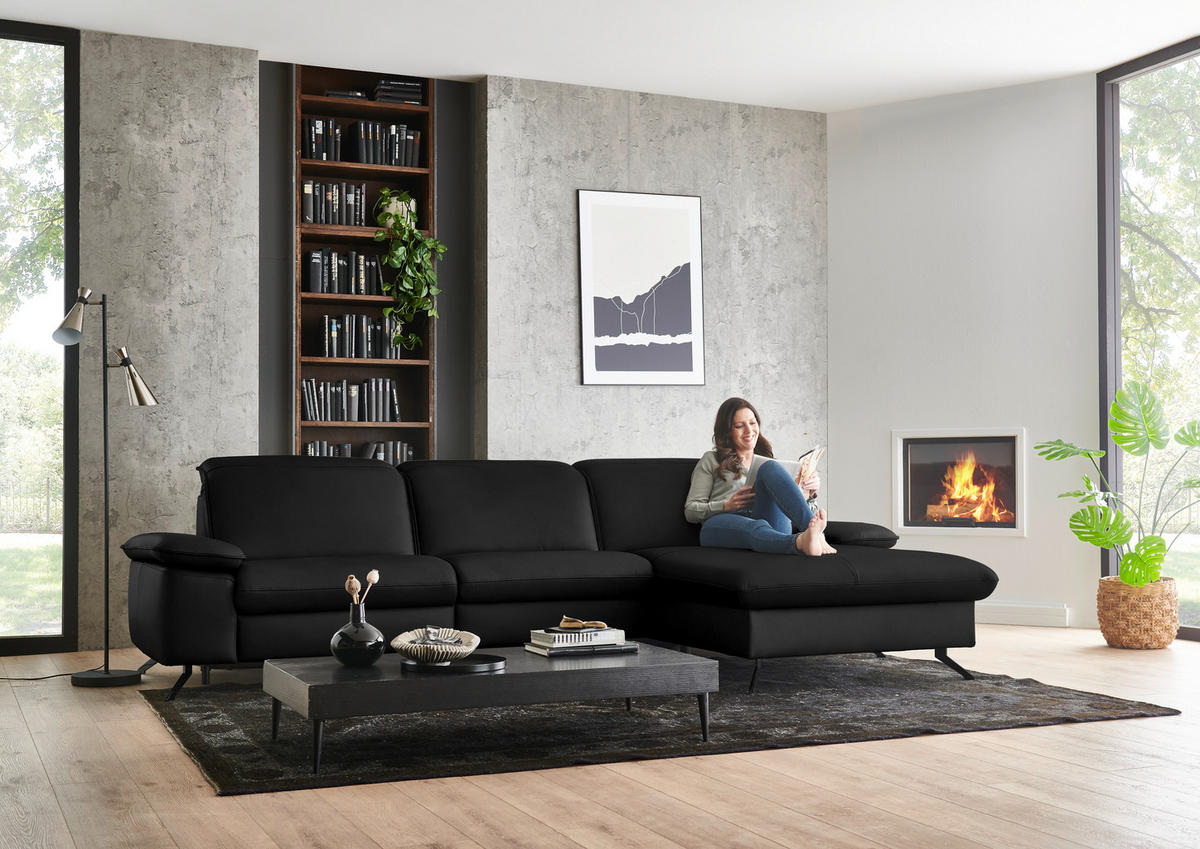 ECKSOFA  Echtleder Schwarz  - Schwarz, Design, Leder/Metall (307/169cm) - Beldomo Premium