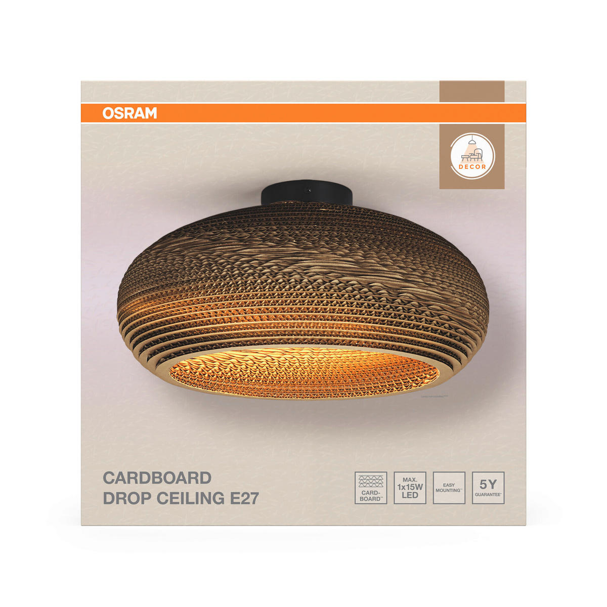 DECKENLEUCHTE  40/20,5 cm    - Braun, Natur, Karton/Metall (40/20,5cm) - Osram