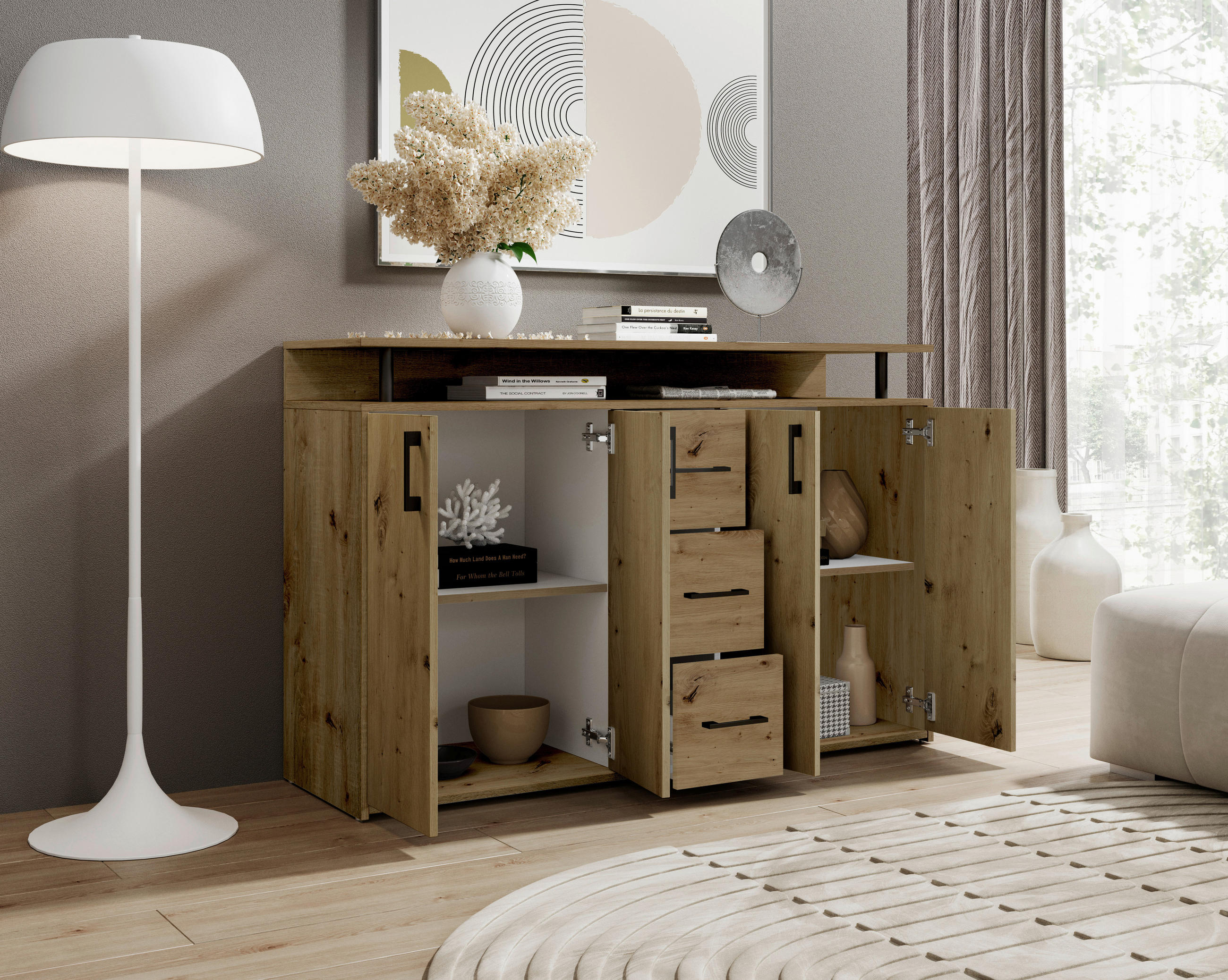 Thumbnail - Carryhome Sideboard, Eiche Artisan, Kunststoff, 2 Fächer, 3 Schubladen, 139x90x34 cm, Wohnzimmer, Kommoden & Sideboards,...