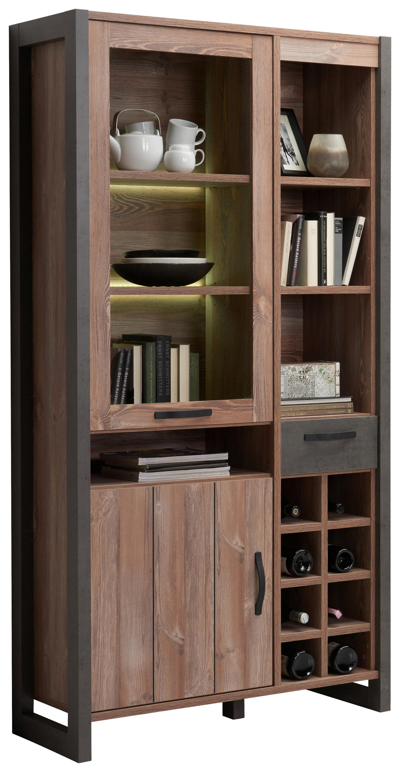 VITRINSKÅP i furufärgad, mörkgrå  - mörkgrå/furufärgad, Trend, trämaterial/glas (104,8/204,6/43cm) - Carryhome