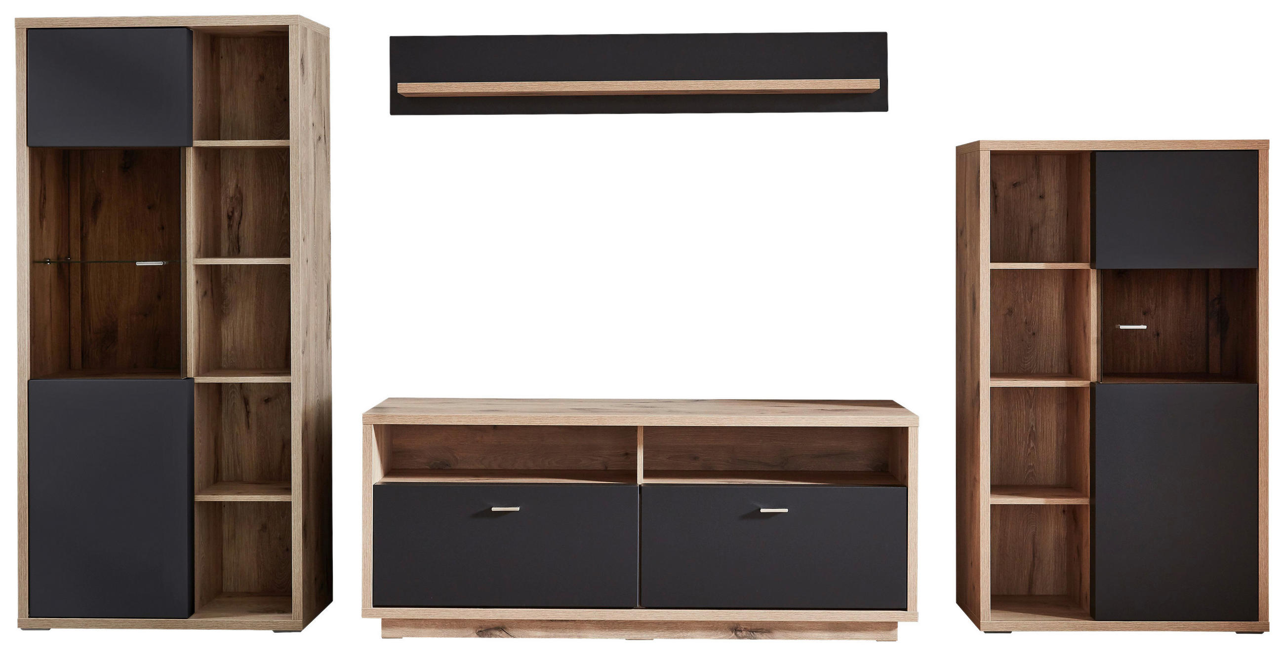 WOHNWAND Eichefarben, Dunkelgrau Einlegeböden - Eichefarben/Dunkelgrau, Design, Glas/Holzwerkstoff (335/173/50cm) - Stylife