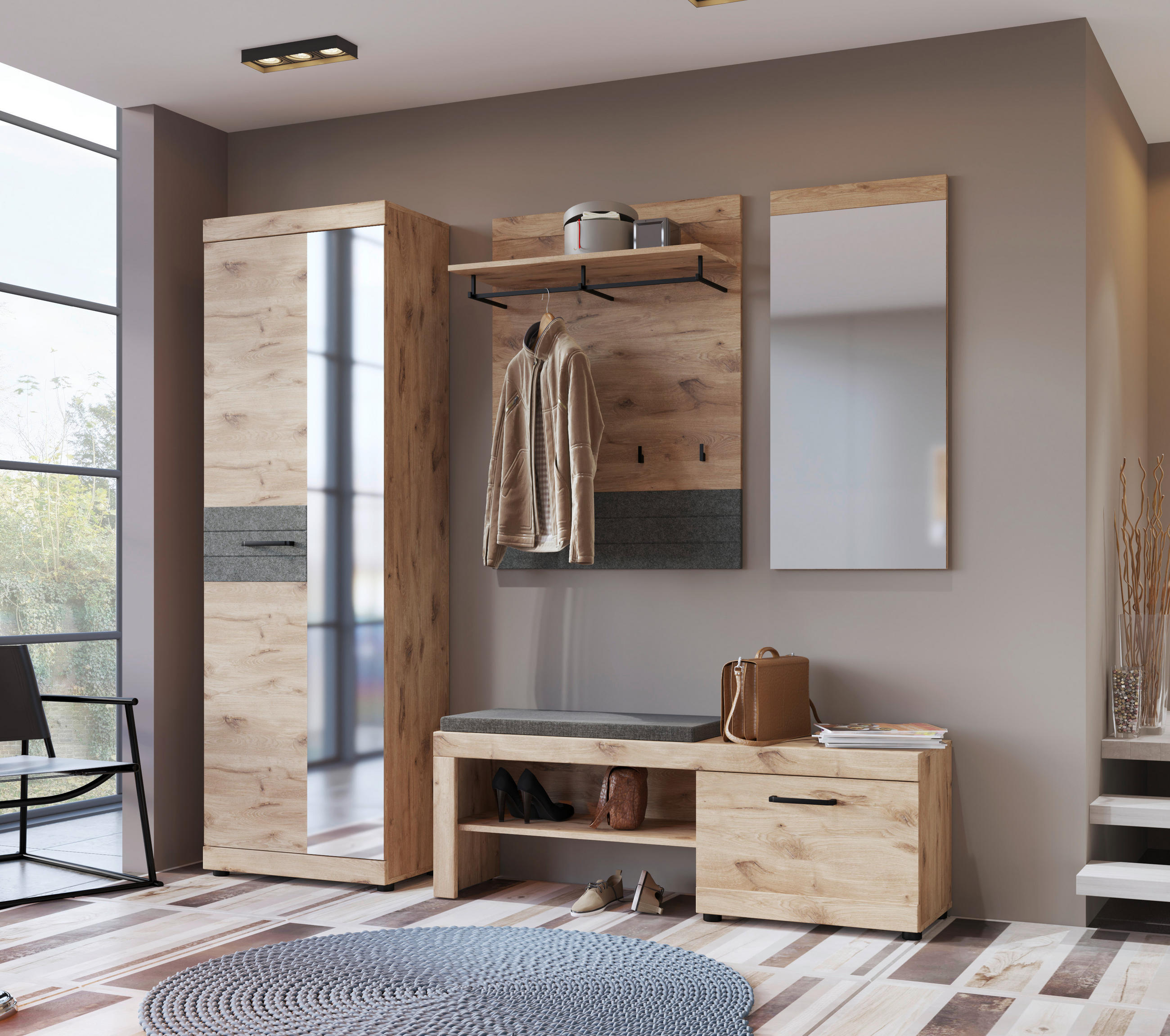 GARDEROBNI PANEL - temno siva/barve hrasta, Design, leseni material (80/107/31cm) - Carryhome