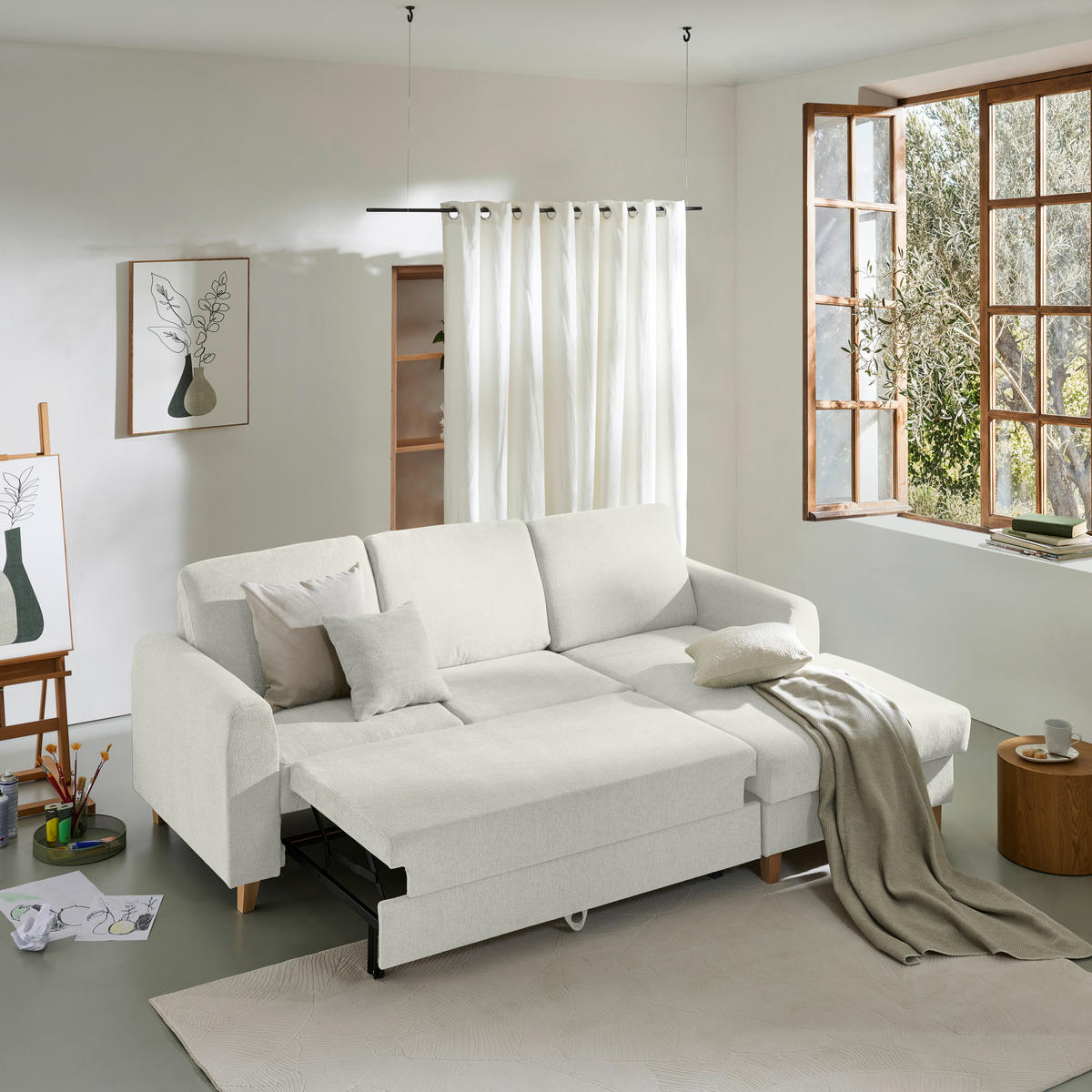 ECKSOFA Hellgrau Flachgewebe  - Buchefarben/Hellgrau, KONVENTIONELL, Holz/Textil (241/166cm) - Carryhome