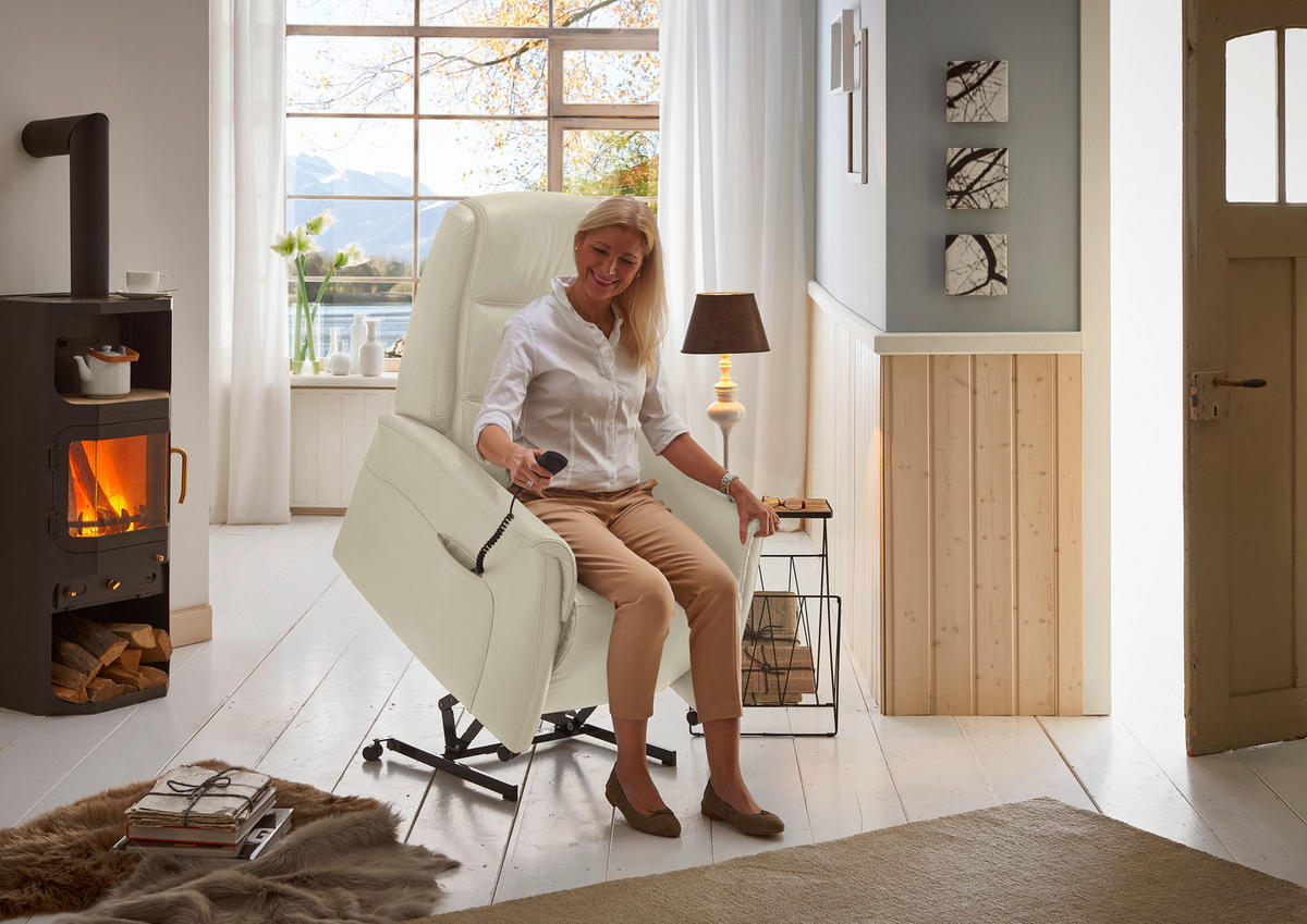 FERNSEHSESSEL Valdera  mit Relaxfunktion, Aufstehhilfe, Rücken echt Echtleder Ecru  - Ecru/Schwarz, KONVENTIONELL, Leder/Kunststoff (70/107/88cm) - Livetastic