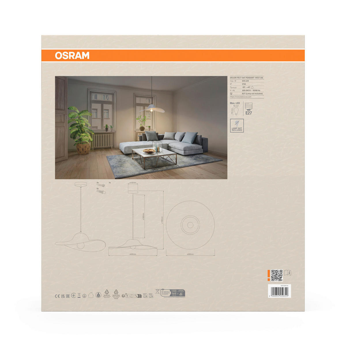 HÄNGELEUCHTE 50/150 cm  - Dunkelgrau, Basics, Textil/Metall (50/150cm) - Osram