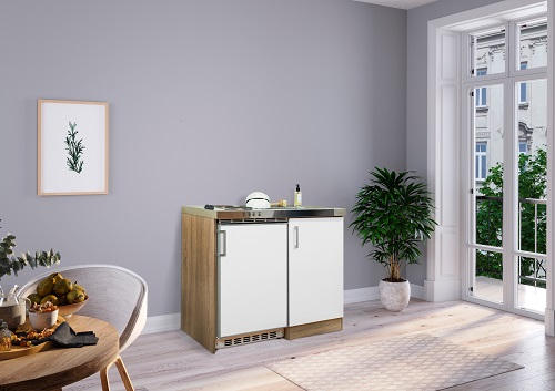 MINIKÜCHE 100 cm   in Weiß, Sonoma Eiche  - Edelstahlfarben/Weiß, MODERN, Holzwerkstoff/Kunststoff (100cm) - Respekta