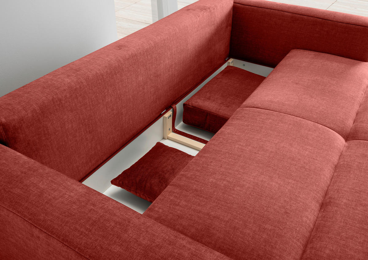 SCHLAFSOFA  mit Liegefunktion, Rücken echt Velours Koralle  - Koralle/Schwarz, MODERN, Kunststoff/Textil (245/86/126cm) - Livetastic