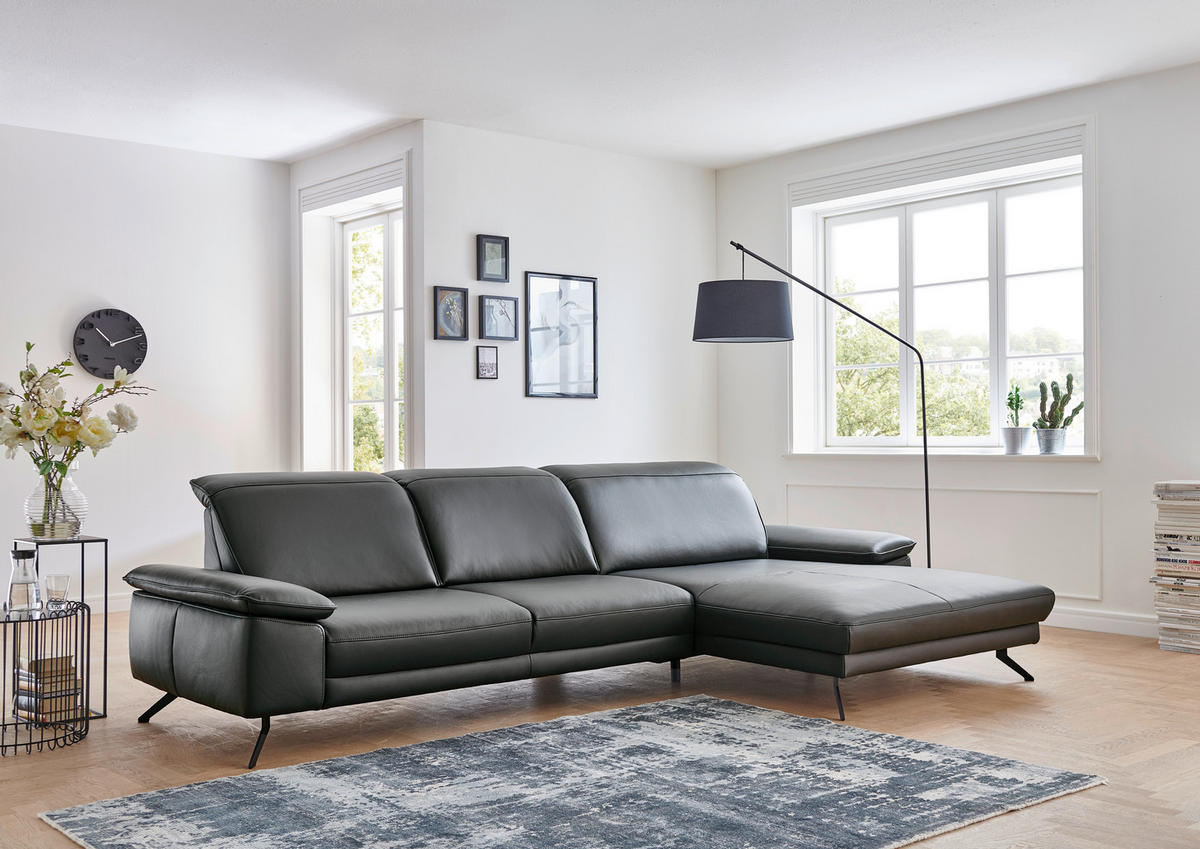 SEDEŽNA GARNITURA, pravo usnje antracit  - črna/antracit, Design, kovina/usnje (332/193cm) - Beldomo Style