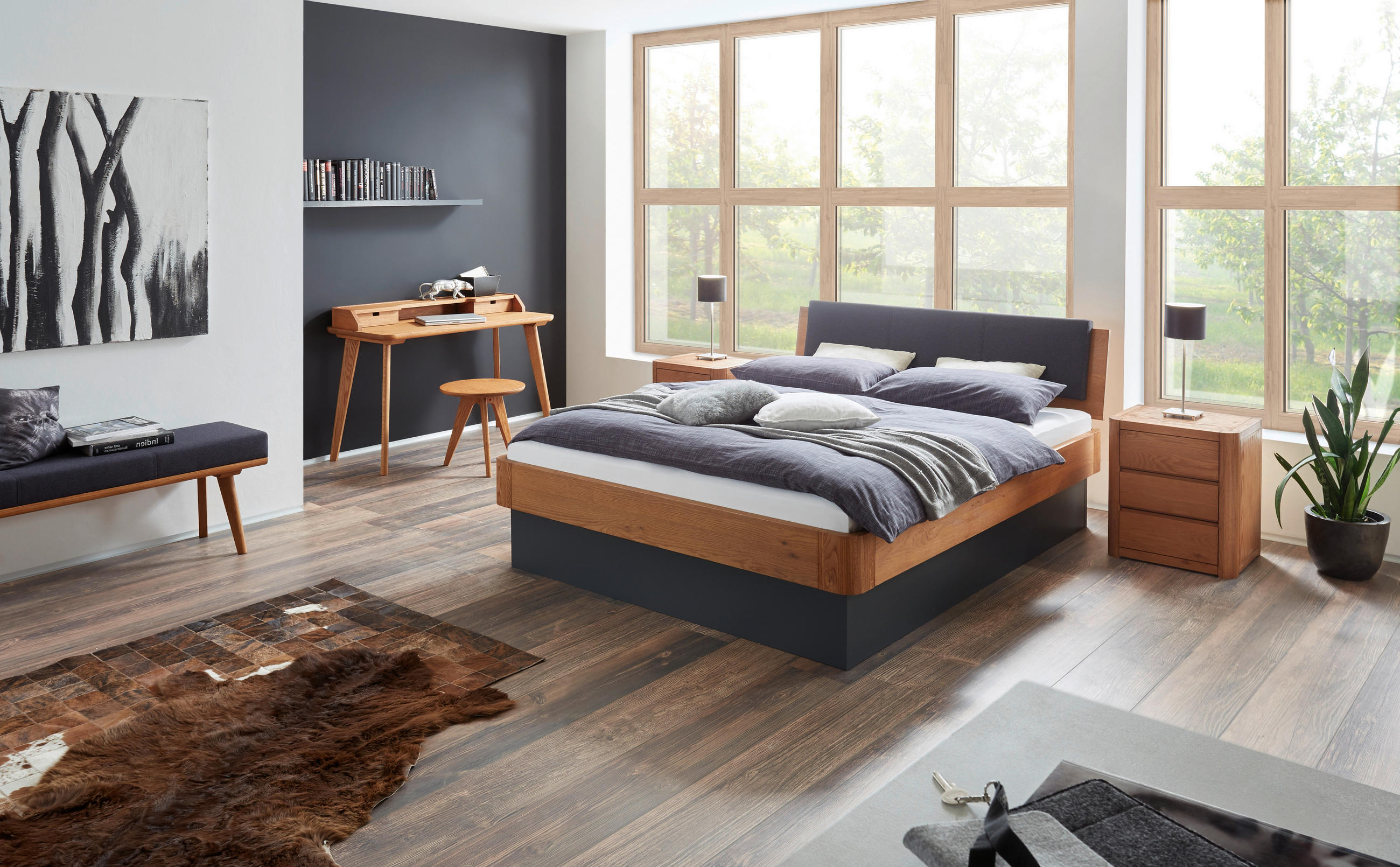STAURAUMBETT 140/200 cm  in Anthrazit, Eichefarben  - Eichefarben/Anthrazit, Design, Holz/Textil (140/200cm) - Hasena