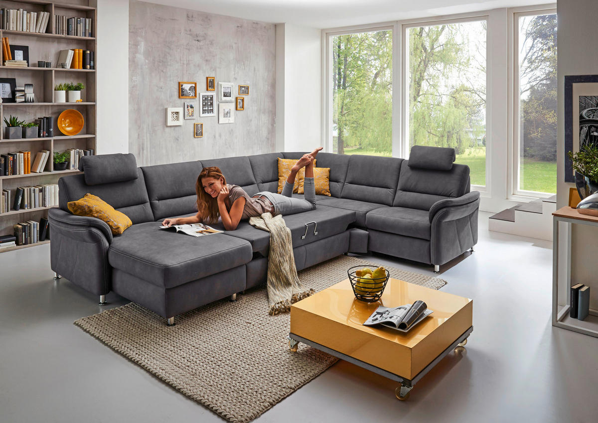 WOHNLANDSCHAFT Grau Mikrofaser  - Beige/Alufarben, Design, Textil/Metall (173/330/262cm) - Beldomo System