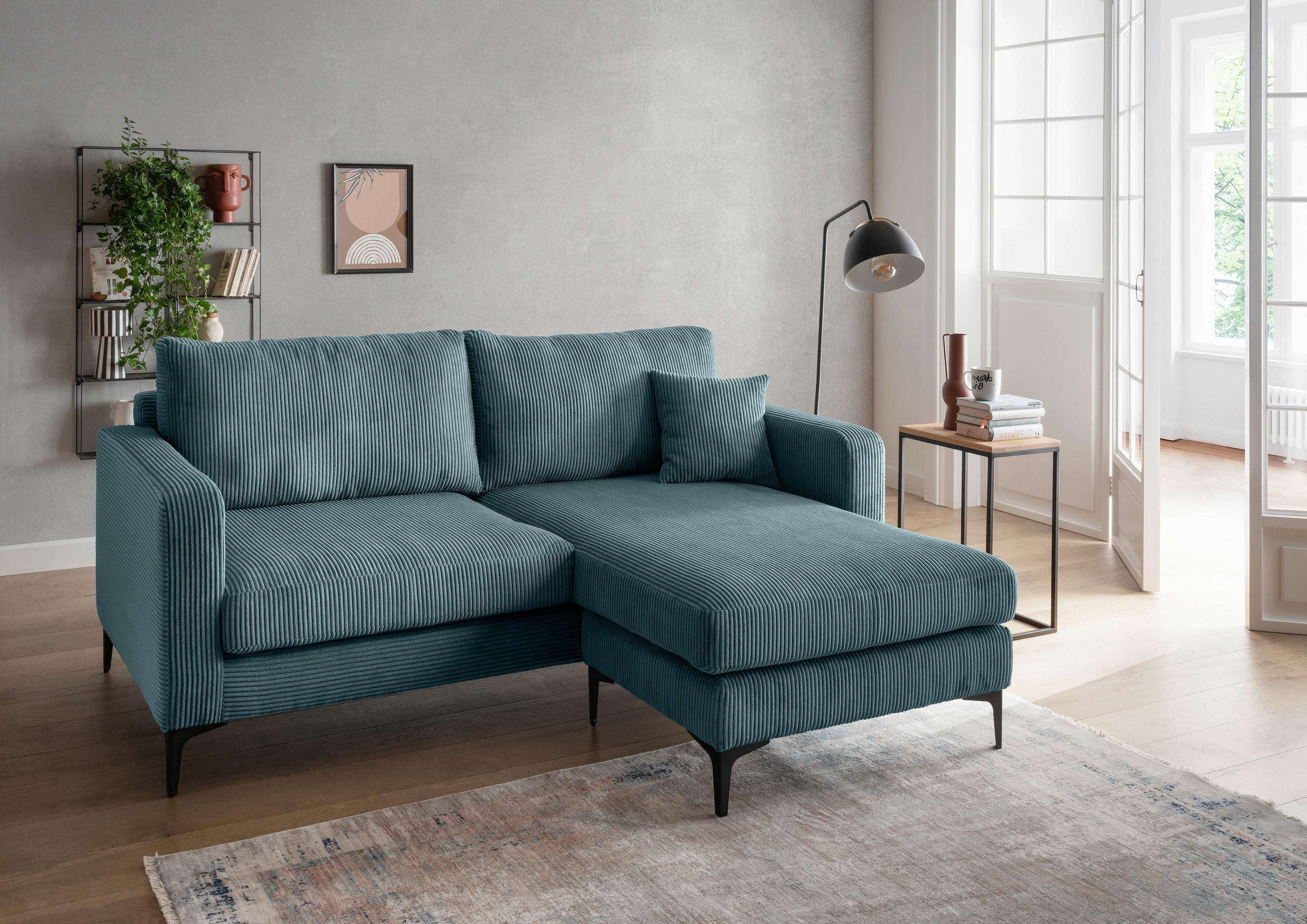 ECKSOFA in Cord Petrol  - Petrol/Schwarz, Basics, Textil/Metall (204/153cm) - Livetastic