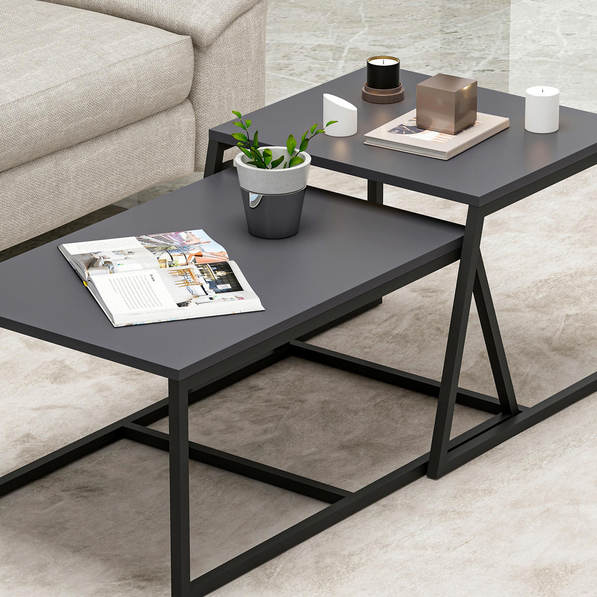 COUCHTISCHSET Minimal Couchtisch Anthrazit  - Anthrazit/Schwarz, Design, Holzwerkstoff/Metall - Livetastic